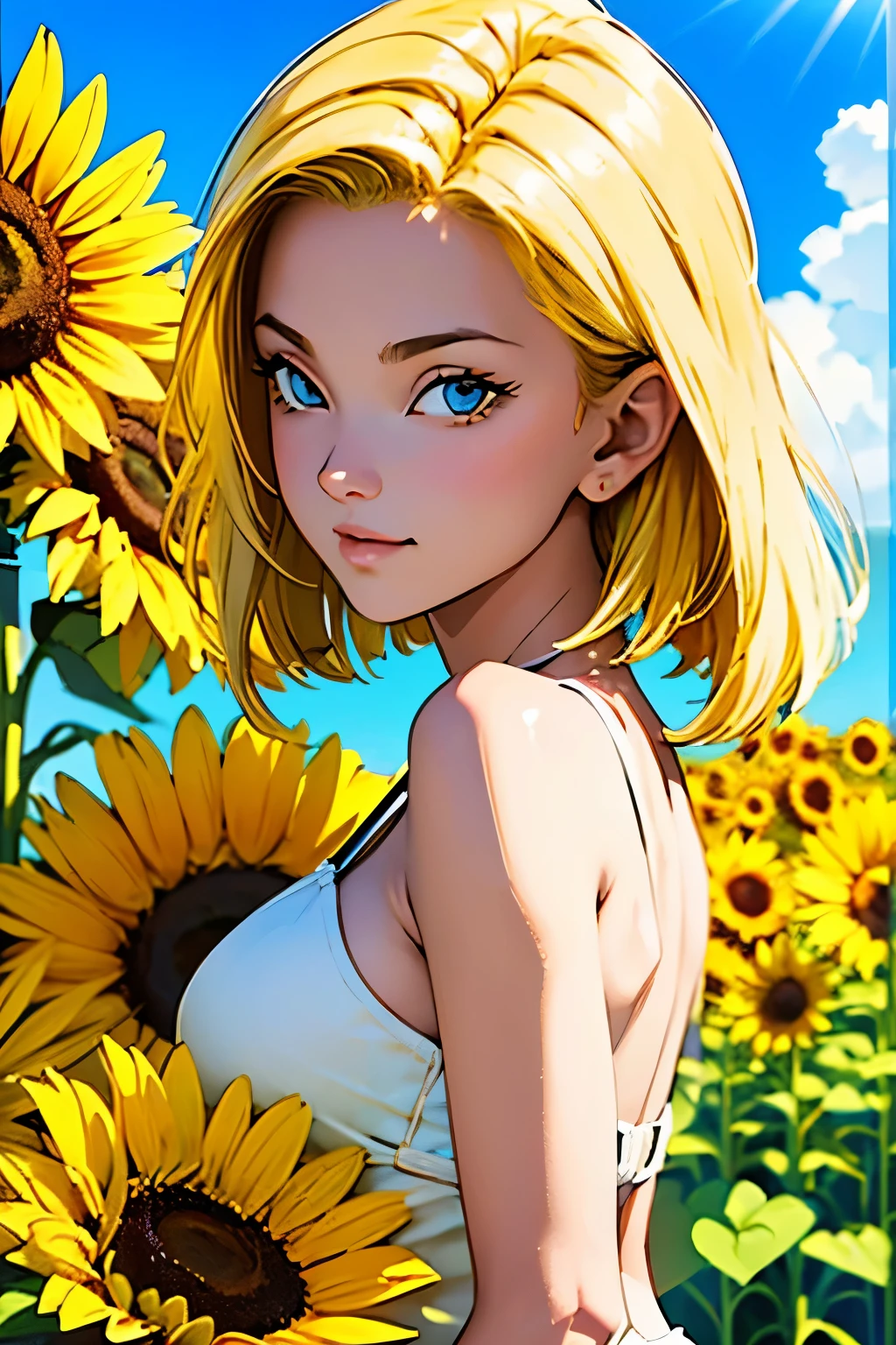 Blonde, cute girl with a sunflower in hand, basking in the warmth of a sunny day, anime style rendered in a minimalist palette, featuring a few vibrant hues to accentuate her charming features and the sunflower's beauty. The girl's golden locks cascade down her back, framing her faced framed by simple, clean lines and gentle shading. Her expression is bright and cheerful, reflecting the joy of the sunny day. The sunflower, with its petals radiating out from its central disc in bold, clear strokes, adds a pop of color to the scene. The background, consisting of only a few simple shapes and lines, keeps