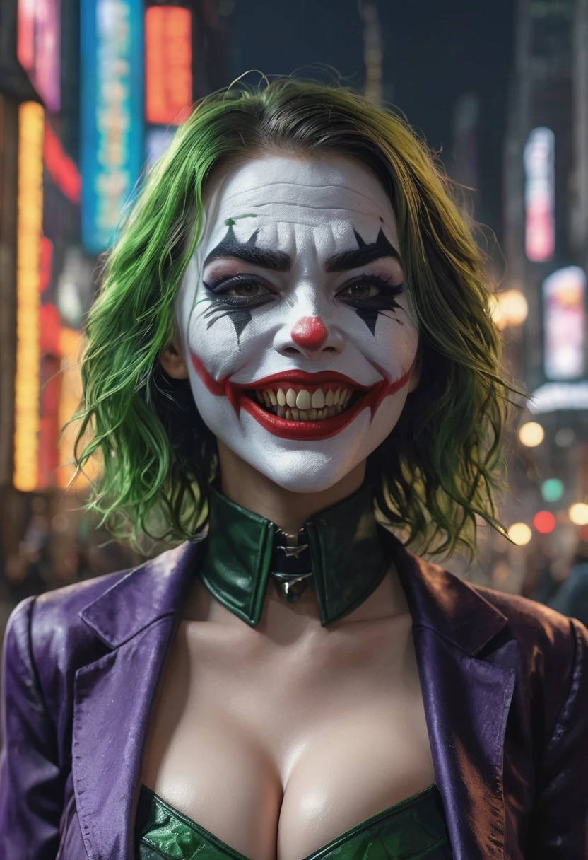 New York, tiem square, Joker Girl 25 years old, macabre, horror, Sharp mouth teeth, full body shot, tight clothes, technological details, Authentic background, (realism: 1.5), (Realisitc: 1.4), (Absurdity:1.4 ), 8k, ultra-detailed, detailed, (full breasts: 1.3), (One only: 1.4 only), (Viewer facing: 1.3),