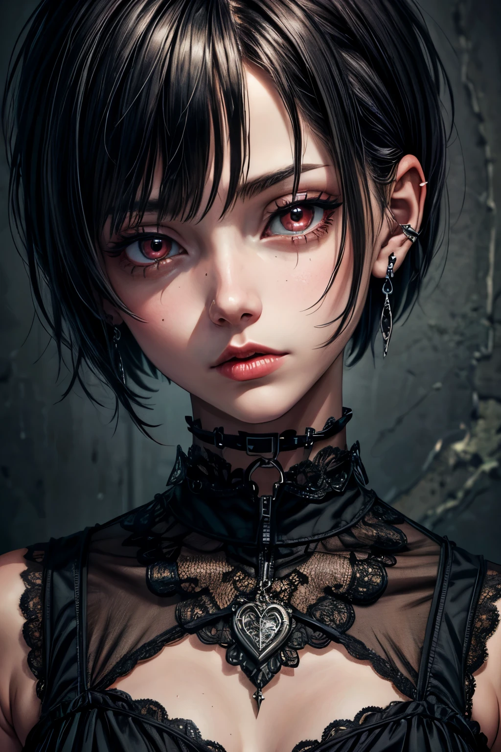 masterpiece, best quality, 1girl, ((black hair)), (gothic), red eyes, ((short hair)), choker, slit eyes, face close up, gothic earrings,