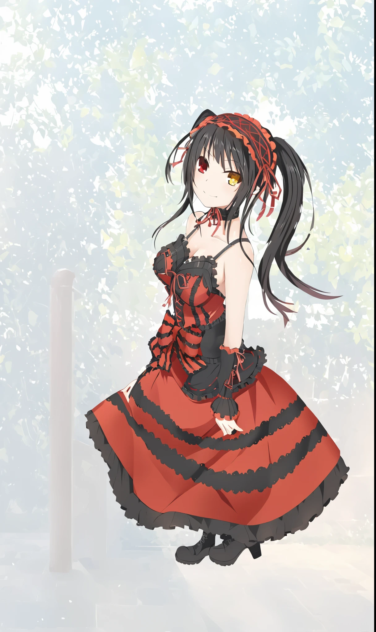 Kurumi Tokisaki, kurumi dress, KurumiBase, detached sleeves, frilled choker, 4k, kkkrumi\(double ponytail\), kkkrumi2Z\(hair over one eye\), kkkrumi\(gothic clothing\) , kkkrumi\(Hair Accessories\) , Evil smile,, higher angle, perspective, foreshortening, looking up, full body, full shot, dinamic pose, extremely detailed, clean lineart, neat, different red left eye and golden right eye, long hair, twin-tails, black hair, red and black ****ta dress, long black boots, black stockings, black garter belt), 1girl, tokisaki_kurumi, solo, twintails, breasts, clock_eyes, long_hair, black_hair, yellow_eyes, red_eyes, heterochromia, , hairband, ****ta_fashion, ****ta_hairband, symbol-shaped_pupils, floating_hair, collarbone, choker, ribbon, bare_shoulders, red_ribbon, dress