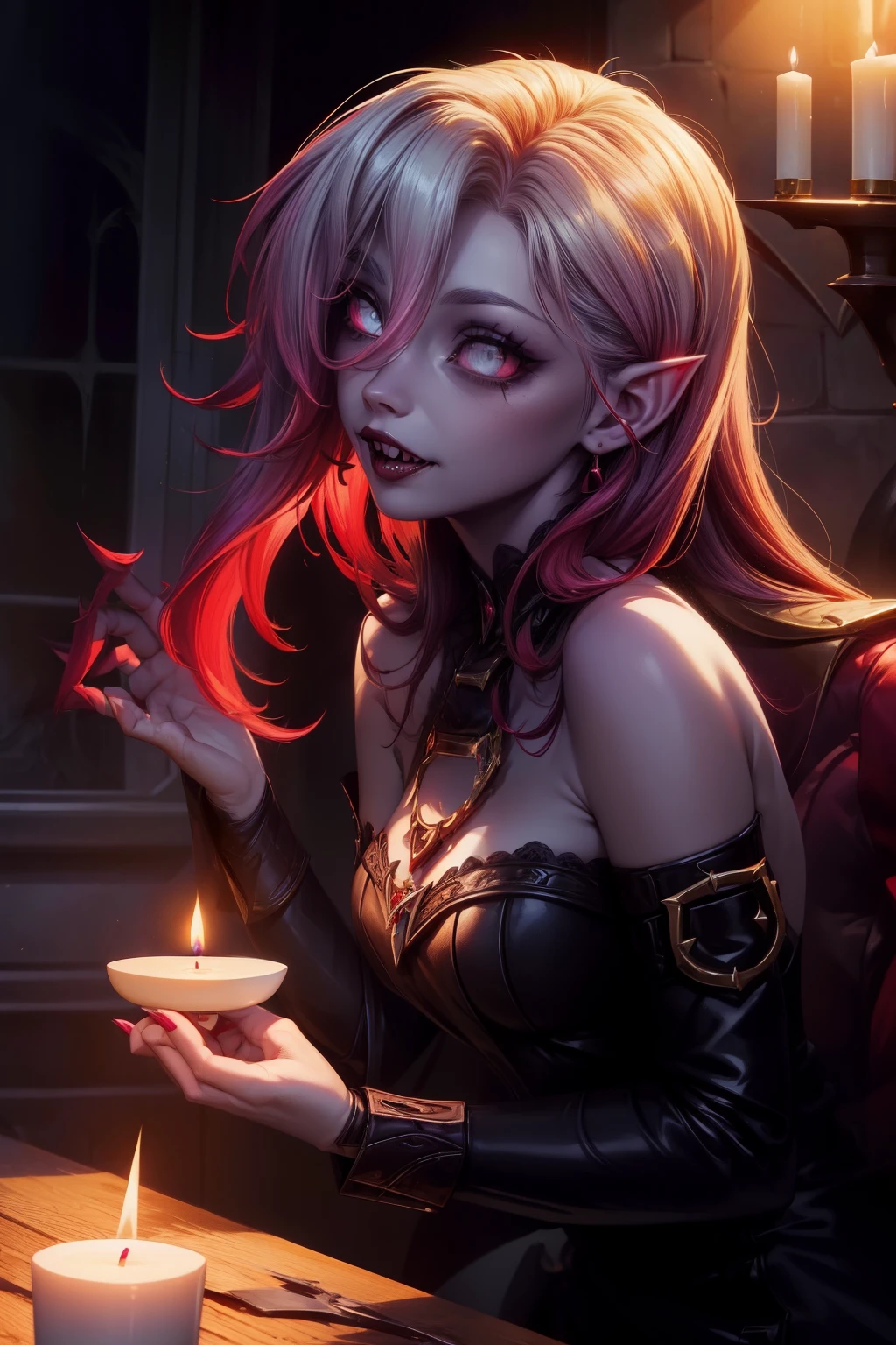 (best quality, high resolution: 1.5), 1 vampire girl, intricately detailed, scarlet eyes gleaming, fangs bared in a seductive smile, shoulder-length hair with purple streaks, intense shadowing, gothic attire, lacey collar, velvet textures, deep red lipstick, long earrings, flowing skirt, emphasized cheekbones, Ethereal, HDR lighting, dramatic shadows, purplish darkness, sultry and mysterious, vampire allure, paintingsque, traditionally animated, side view, bat wings visible, cloak billowing, candlelit room, candle flame reflections, stained glass, cobweb, old castle