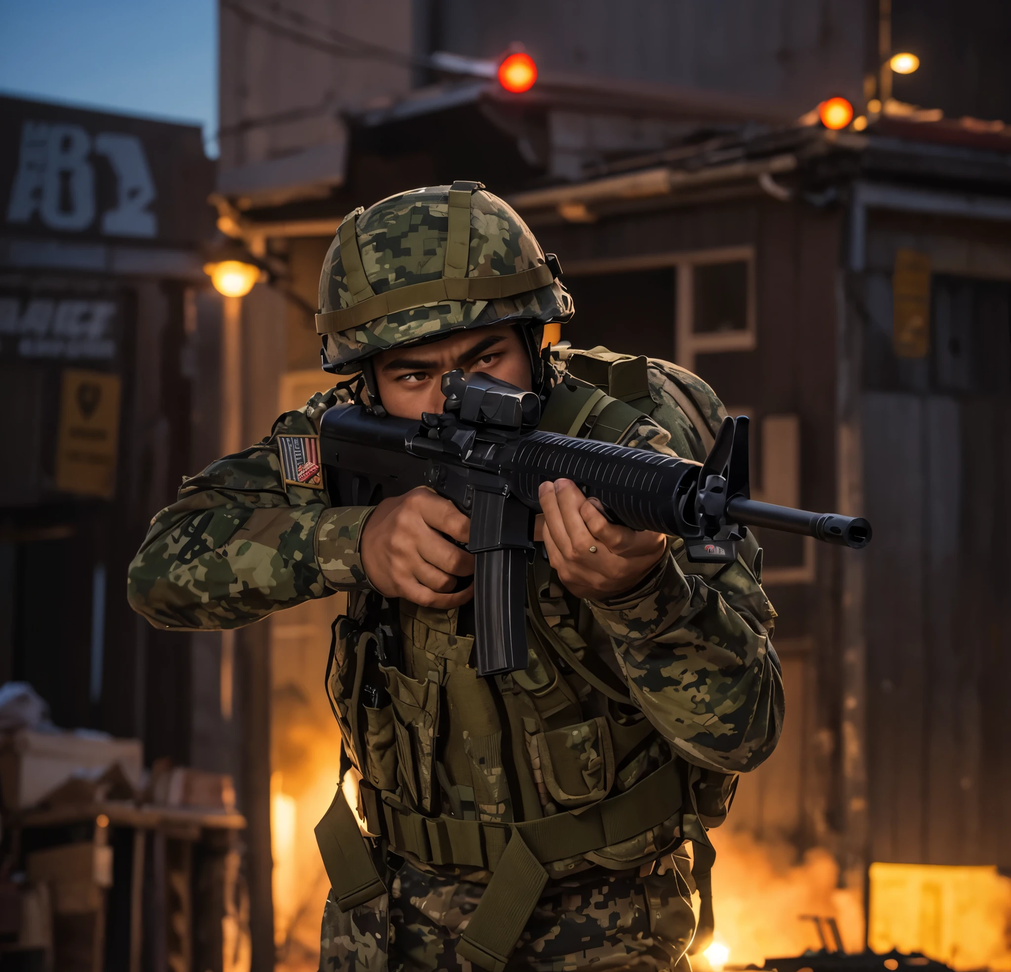 arafed soldier with a gun in his hand and a helmet on, a soldier aiming a gun, airsoft cqb, airsoft gun, shoulder mounted gun, man is carrying a rifle, wielding assault rifle with fixed stock, holding rifle, top shot, airsoft electric pistol, handling riffle on chest, military weaponry, battle action pose, holding a rifle, realistic soldiers, muzzle flash, new york street backdrop