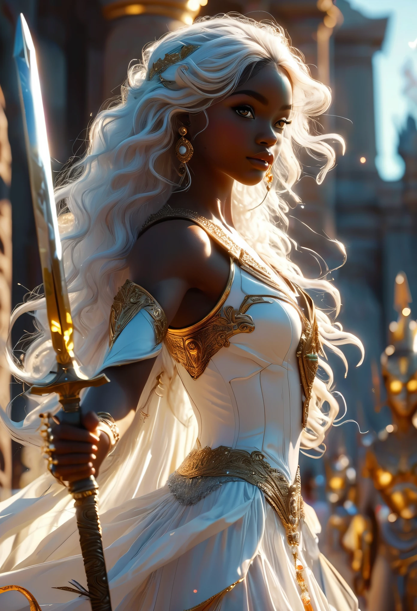 In a celestial landscape, batterfield, (((close up of a beau young darkskin couple in 18's))), (a young very beau pharaon with dark short curly hair:1.3) fighting versus (((a young very beau queen with long whitehair:1.7))) with swords and lances, fighting with swords and lances, 8K, extremely detailed, high quality, (photorealistic:1.37), Full body, ideal proportions and defined complexion, meticulously crafted features, unreachable beauty, perfection, breathtaking elegance, g curves, goddess-like figures, divine symmetry, artistic masterpieces, vivid realism, hyper-detailed sculptures, life-like forms, truly awe-inspiring, impeccable craftsmanship, pure radiance, ethereal beauty, delicate contours, striking poses, sublime beauty, subtle nuances, dynamic compositions, vibrant colors, perfect lighting, soulful expressions, celestial aura, majestic presence, dreamlike atmosphere, unmatched gdetailed octane render trending on artstation, 8 k artistic photography, photorealistic concept art, soft natural volumetric cinematic perfect light, chiaroscuro, award - winning