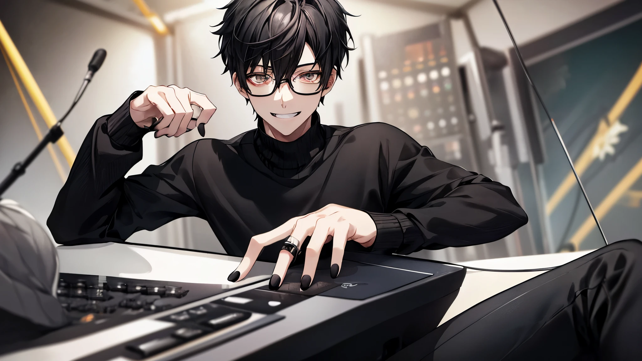 1 guy, black jeans, Black sweater, press, thin, pale, rings on fingers, black nails, glasses, black hair, a little sporty, Glass eyes, smile, Brown eyes, microphone, smile, recording room,