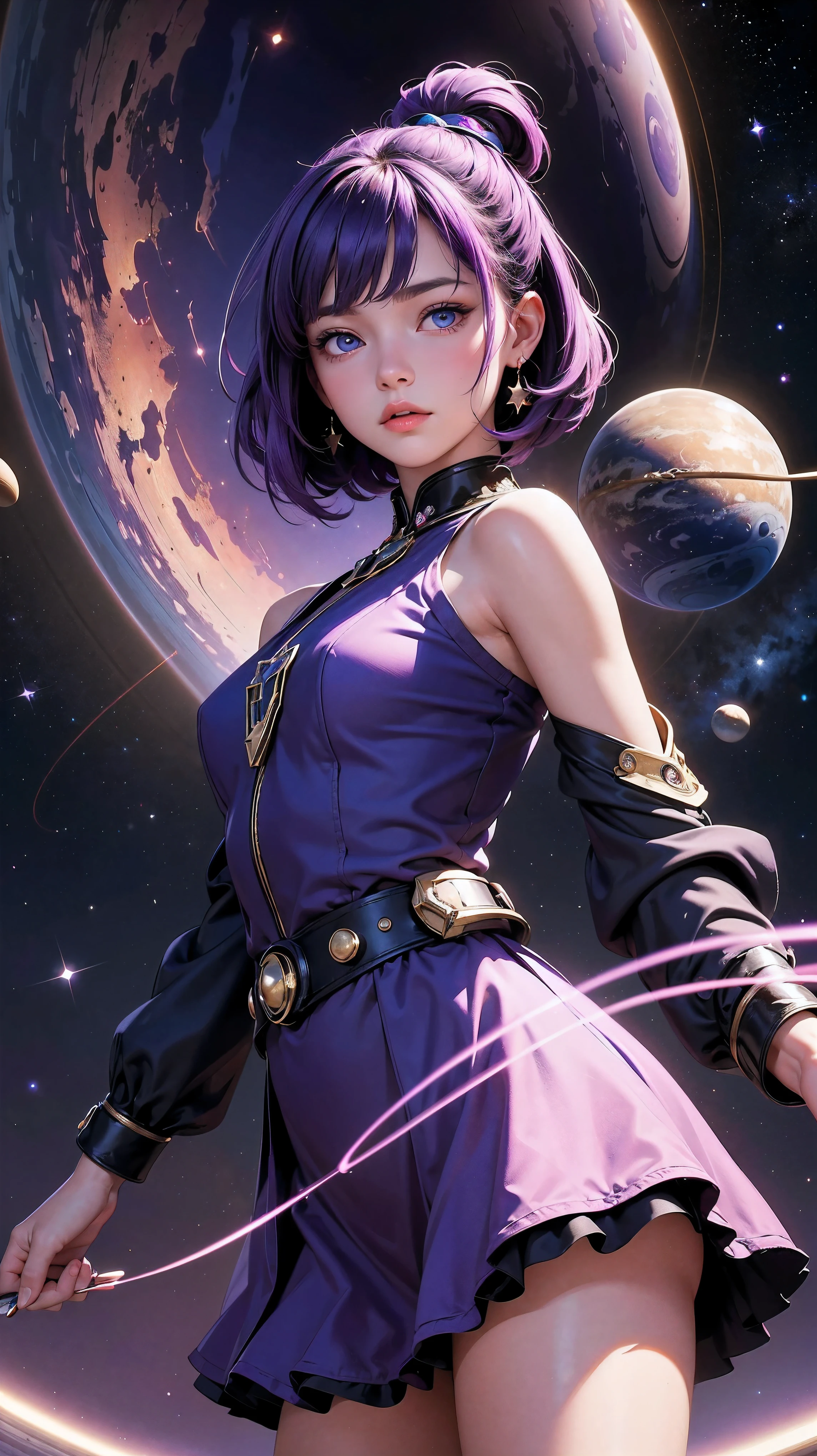 (top-quality), (Masterpiece), (A high resolution),8K, beautiful young girl, representation of Saturn planet, girl with purple hair, cosmic shining dress, purple and blue eyes, girl holding Saturn planet, stars background
