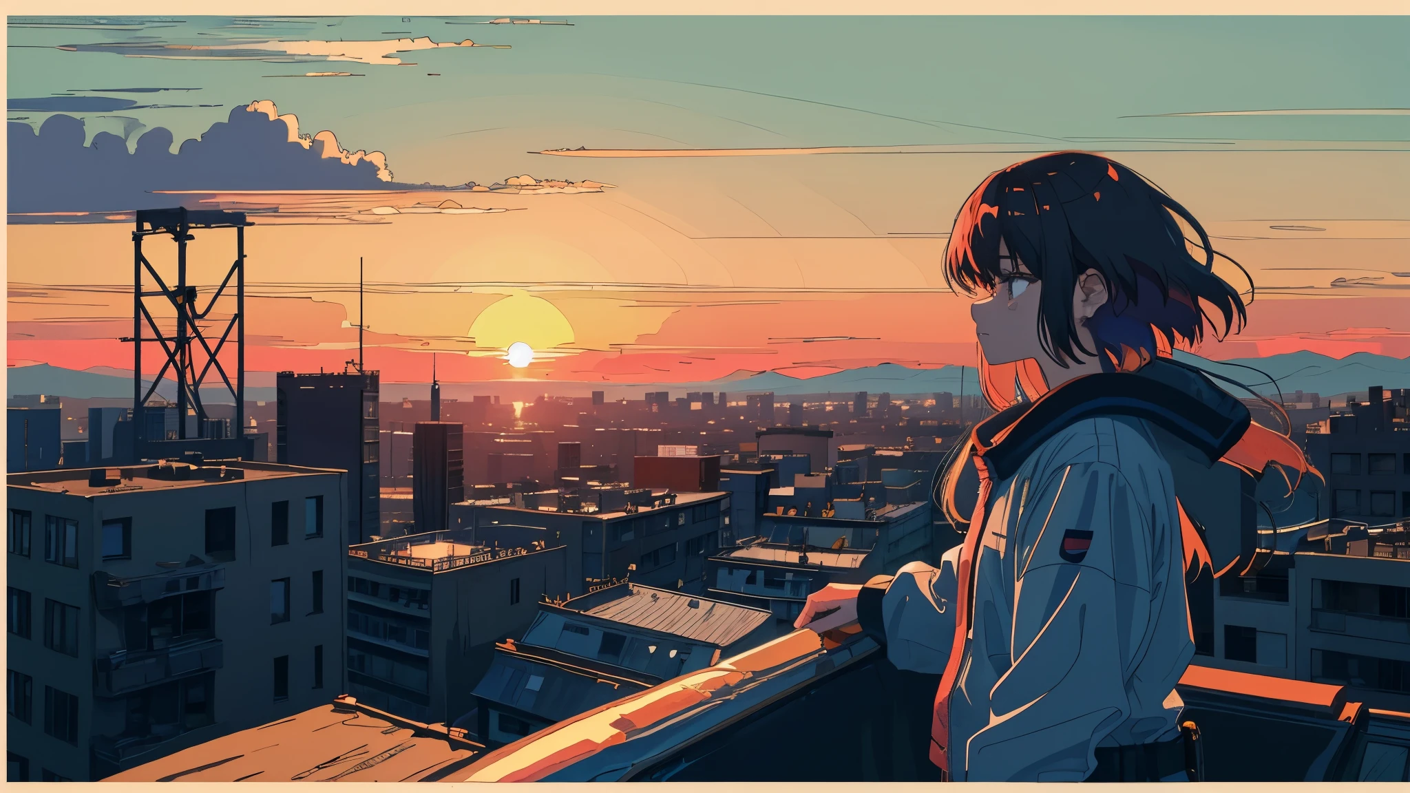 Lonely girl, sunset, city rooftop, sad, sad colors