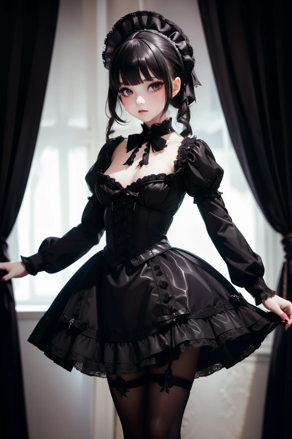 Waist up dark ****ta girl realistic and intricate perfect detailed beauty face, in realistic detailed elegant black short ****ta dress & pantyhose (((Bloodbourne style::1))), sharp focus, moving pose, 4k, UHD, (masterpiece), best quality, glowing