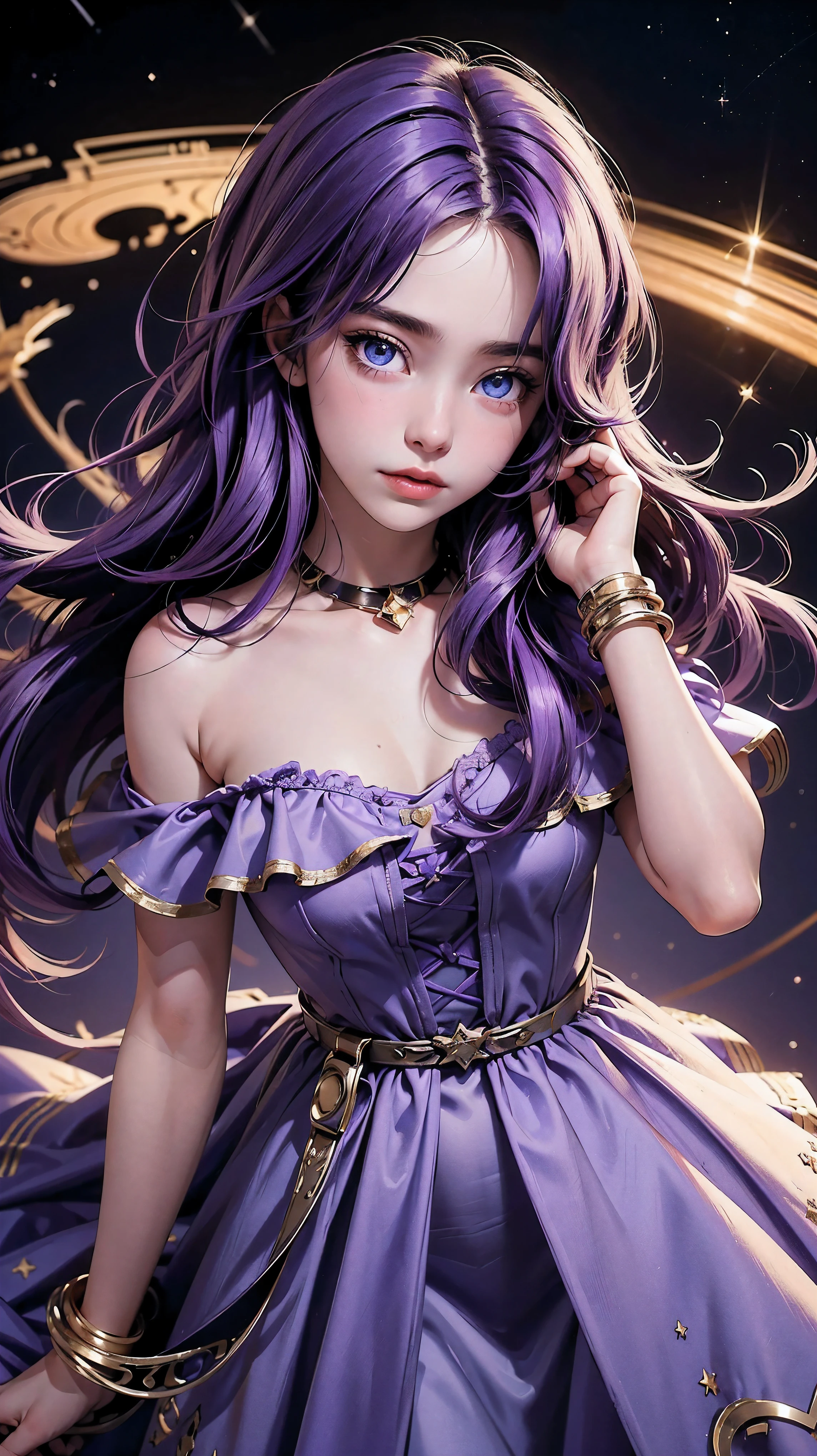 (top-quality), (Masterpiece), (A high resolution),8K, beautiful young girl, representation of Saturn planet, girl with purple hair, cosmic shining dress, purple and blue eyes, girl holding Saturn planet, stars background
