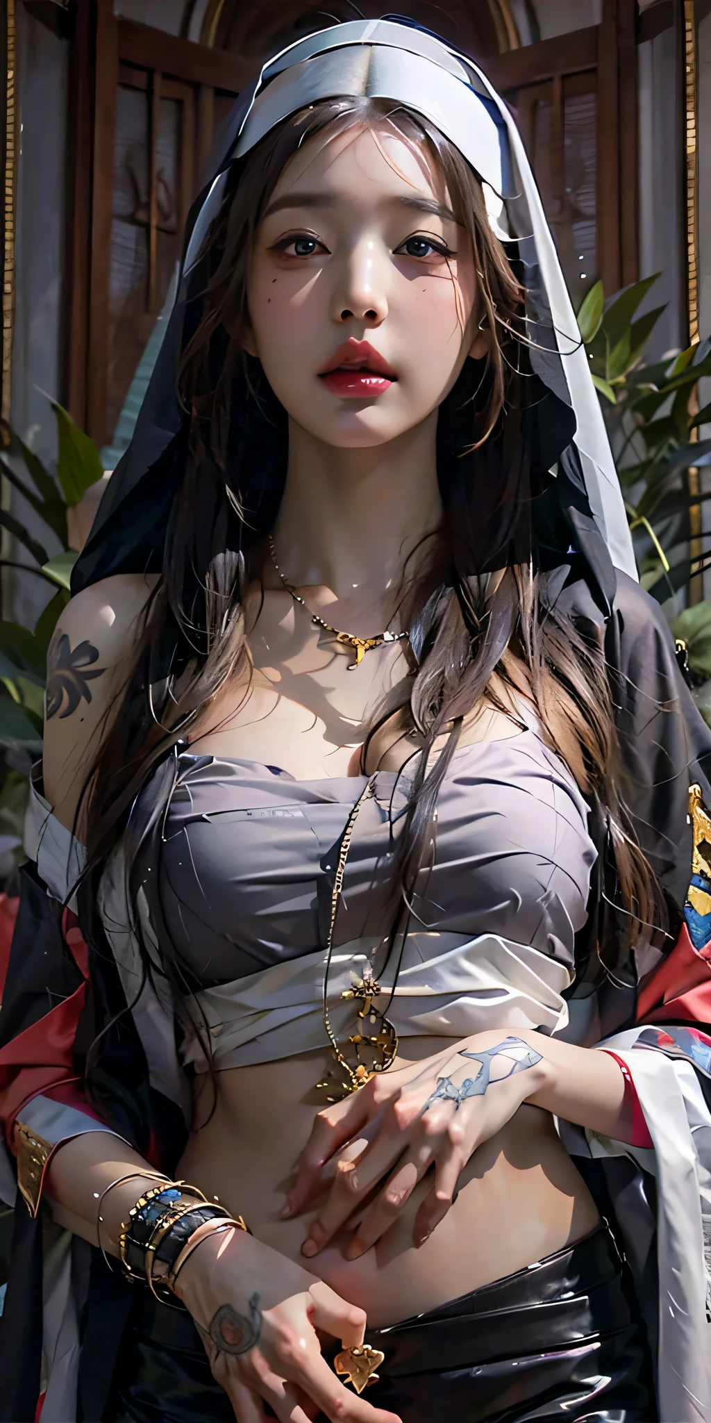 photorealistic, high resolution, soft light,1women, solo, hips up, shining skin, (detailed face), jewelry, tattoo, black nun clothing, black hair, super long hair