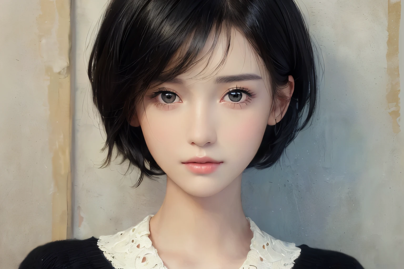 (masterpiece:1.3), (8K, lifelike, original photo, best quality: 1.4), (1 girl), pretty face, (realistic face), (black hair, short hair:1.3), beautiful hairstyle, realistic eyes, Beautiful and delicate eyes, (lifelike皮肤), beautiful skin, (sweater), Ridiculous, attractive, ultra high resolution, Surreal, Very detailed, golden ratio