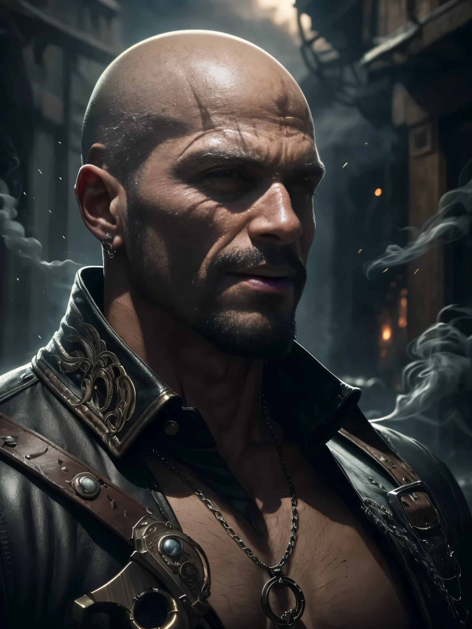 1 male, 40yo, bald, shaved head, brown eyes, tall, very muscular, wearing leather pants, wearing sheepskin vest, shirtless, thin braided mustache and beard, piercings, fighting axe, ultra high resolution, detailed face, desert background, dust, blowing dust, smoke, particle effects, dynamic lighting, lights, volumetric light, realistic, intricate details, everything in razor sharp focus, solo, Photograph, masterwork, 12K, ultra-defined, intricate details, absurdres, hyper-detailed, dark fantasy, particle effects, 
