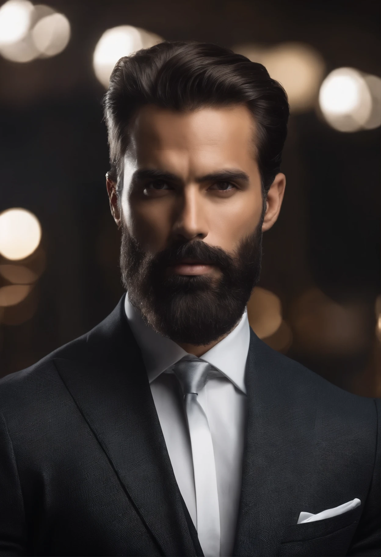 en haut、Faire un bel homme noir de 30 ans face camera, (Utilisez une barbe,) Attractive and serious look, cheveux noirs courts, Elegant and elegant, Shave Tightly Fitting in Suit and Strong Body, (highly quality, Realistic images), Dark and light black on image background, Style de film, ((premier quality, 8k, masterpiece), Ultra High Definition Photo, (Beautiful detailed faces, detail skin texture, Hyperdetailed body:1.1)