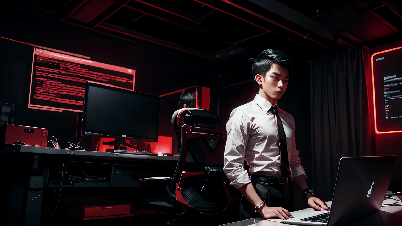 Thai teen with white shirt black necktie, Computer Science with text "BSRU" , Scifi, Dark fantasy style, Red neon, dark tone, hardware,