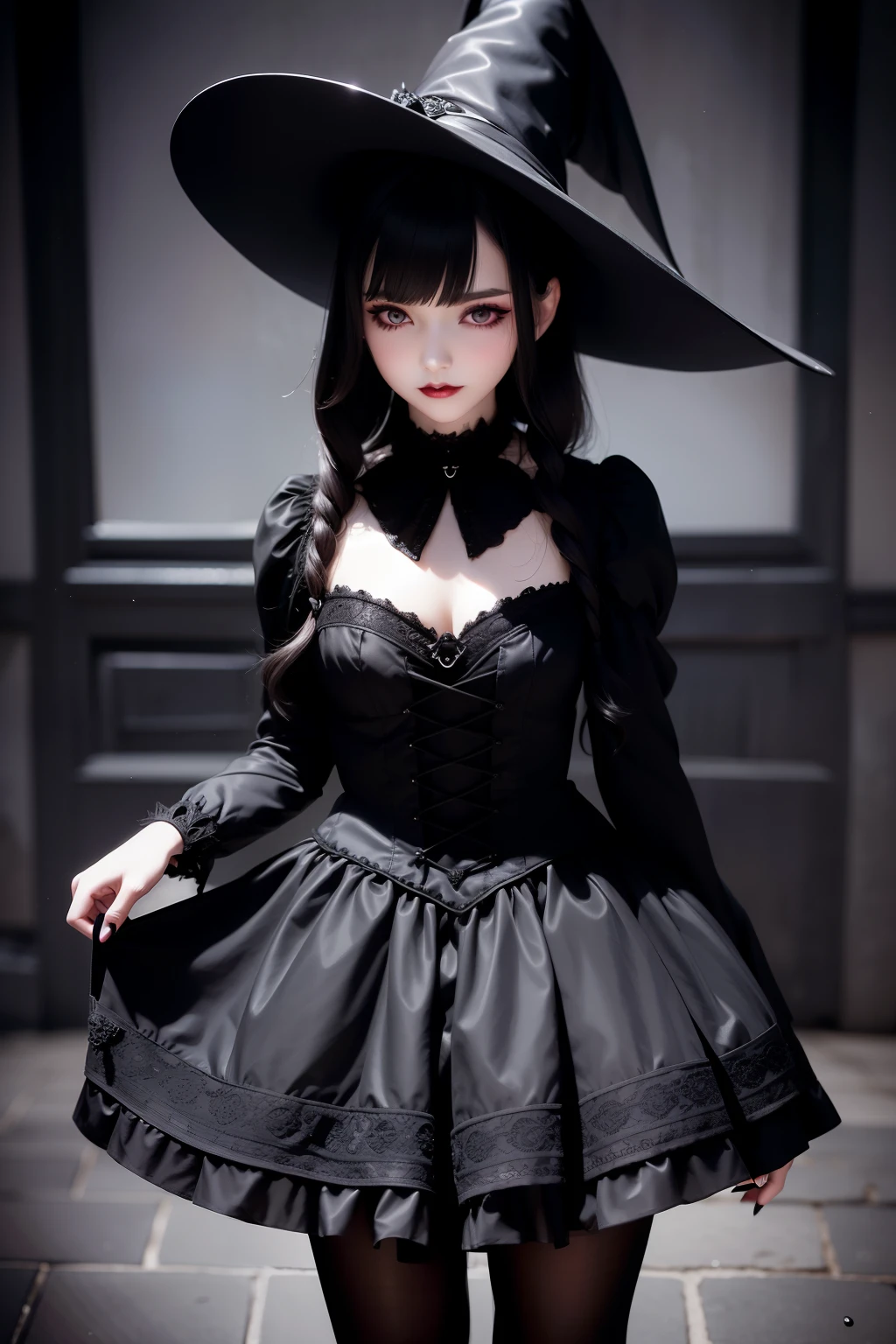 Waist up witch dark ****ta girl realistic and intricate perfect detailed beauty face, in realistic detailed elegant black short ****ta dress & pantyhose (((Bloodbourne style::1))), magic around, sharp focus, moving pose, 4k, UHD, (masterpiece), best quality, glowing