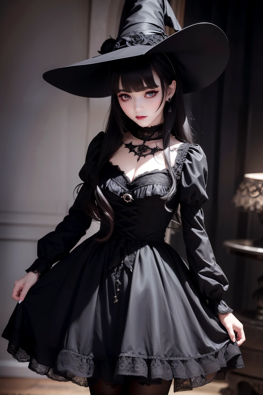 Waist up witch dark ****ta girl realistic and intricate perfect detailed beauty face, in realistic detailed elegant black short ****ta dress & pantyhose (((Bloodbourne style::1))), magic around, sharp focus, moving pose, 4k, UHD, (masterpiece), best quality, glowing