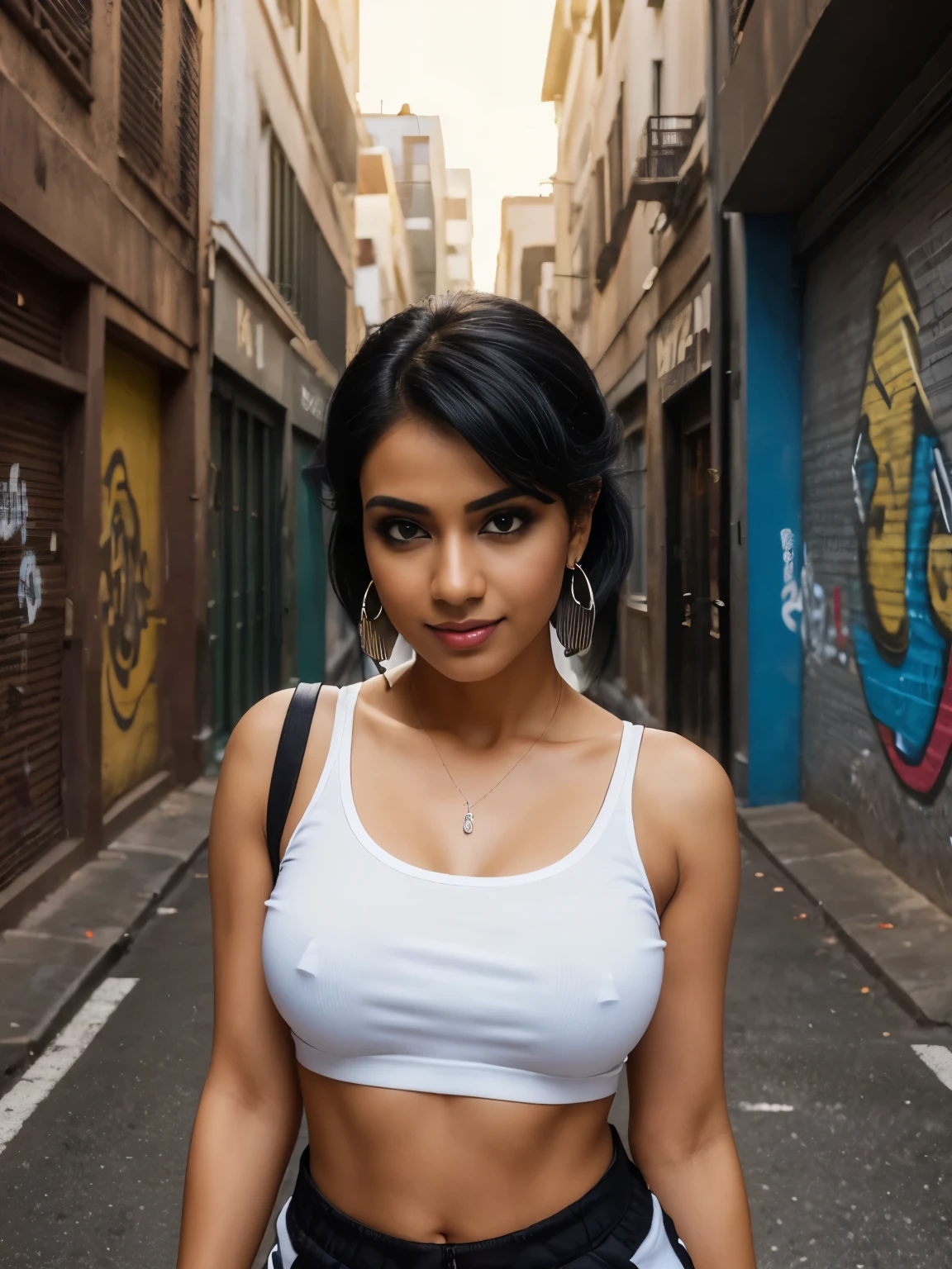 (best quality, 64k, hyper resolution, masterpiece:1.6), hyper realistic, streets, alleyways and graffiti on the walls, neon lights, Tamil girl, 25 year old, black hair, blue eyes, dangling earrings, silver short hair, perfect figure, slim hips, 36D, round deep navel, loose camouflage pants, white sneakers, mischievous smile, light makeup, hip-hop pose, accompanied by a stray black cat, eyes symmetry, face symmetry, HDR