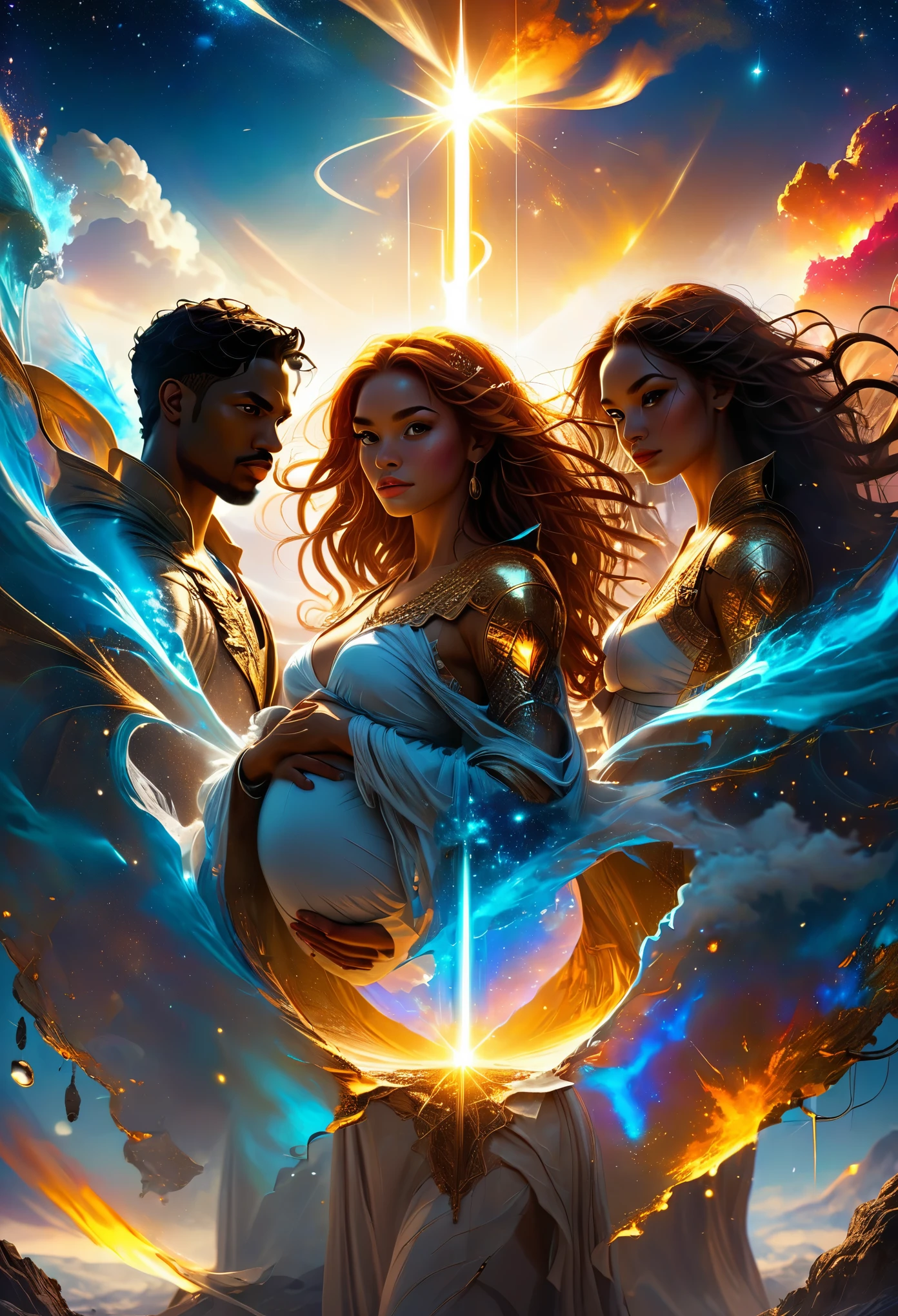 In a celestial landscape, four people dressed luxuous, differents faces, they are all darkskin, (((young, in 20's))) (((two brown skin men and two brown skin woman))), (((two young brown skin long dark hair duke:1.3))), (((one brown skin blonde hair pregnant1.5 woman))) and (((one short brown hair woman no pregnant1.3))), (only one woman pregnant:1.7), (they are two différent and separate couple1.2). (Two couple of four people:1.2). The first couple is a brown skin duke long dark curly hair with a ginger long hair pregnant woman. The second couple is a brown skin duke curly dark hair with a short brown hair woman, (((ginger hair brown skin woman is pregnant and brownskin:1.5))) trying to kill him with swords, dangerous scene, war, battle, 8K, extremely detailed, high quality, (photorealistic:1.37), Full body, vibrant colors, perfect lighting, soulful expressions, celestial aura, majestic presence, dreamlike atmosphere, 8 k artistic photography, photorealistic concept art, soft natural volumetric cinematic perfect