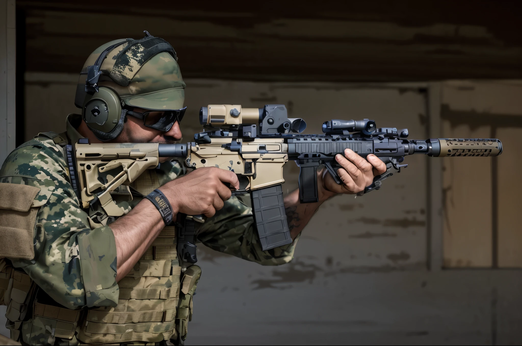 a man in a military uniform holding a rifle and aiming it, firearms photography, airsoft cqb, handling riffle on chest, military photography, combat photography, holding ar-15, holding rifle, holding rifle with suppressor, profile shot, holding pdw, holding a rifle, laser sights on weapons, with rifle, military weaponry, high quality action photography, action photography, los angeles street backdrop