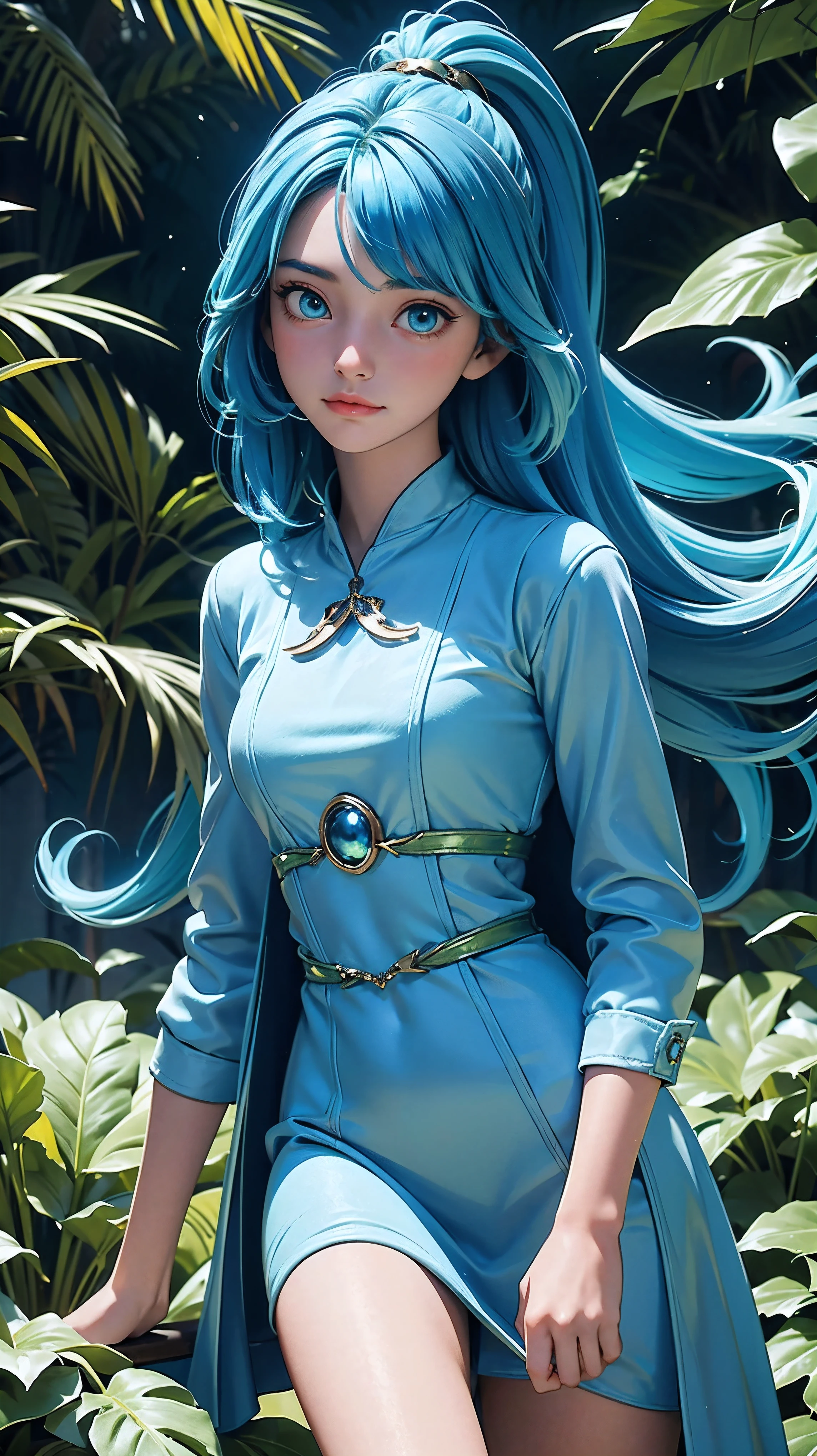 (top-quality), (Masterpiece), (A high resolution),8K、 beautiful young girl, representation of Earth planet, girl with blue hair, green dress, blue and green eyes, girl holding Earth planet, a lot of vegetation
