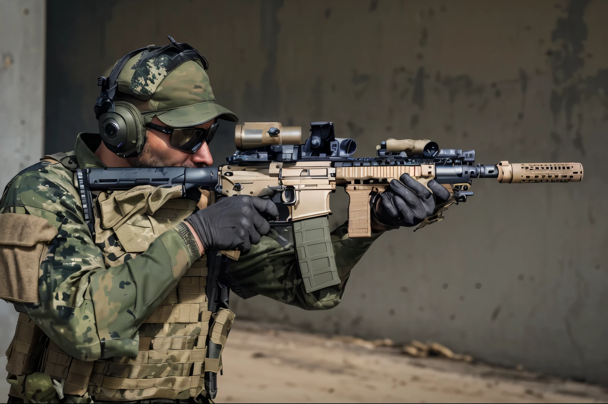 a man in a military uniform holding a rifle and aiming it, firearms photography, airsoft cqb, handling riffle on chest, military photography, combat photography, holding ar-15, holding rifle, holding rifle with suppressor, profile shot, holding pdw, holding a rifle, laser sights on weapons, with rifle, military weaponry, high quality action photography, action photography, los angeles street backdrop