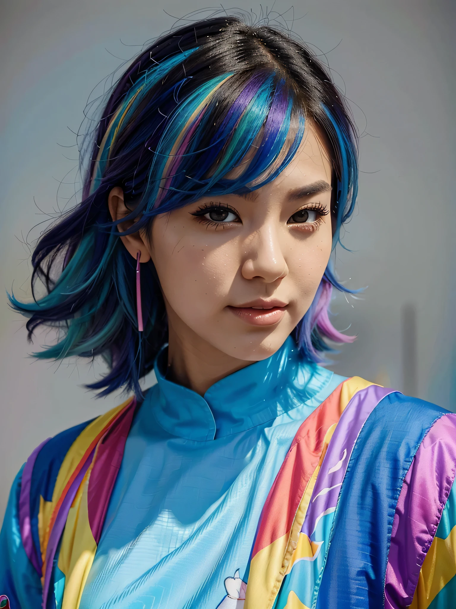 a close up of a person with a colorful hair and a blue shirt, rossdraws cartoon vibrant, artgerm colorful!!!, rossdraws 1. 0, rossdraws portrait, rossdraws 2. 0, beautiful androgynous prince, rossdraws pastel vibrant, rossdraws 2. 5, artgerm. high detail, :: rossdraws, ross tran style