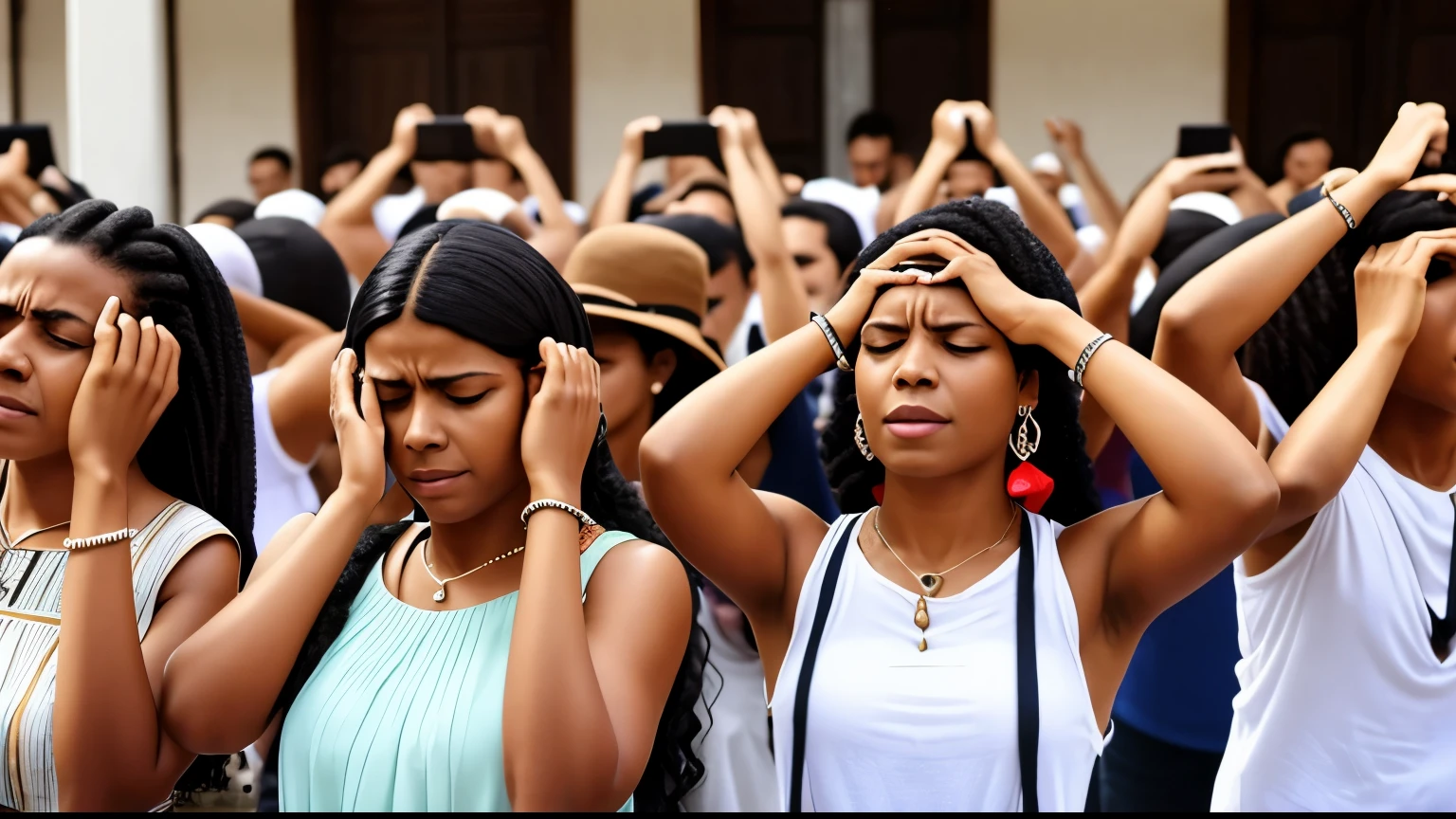 Vila antiga feita de pedras, people screaming with their hands covering their ears,