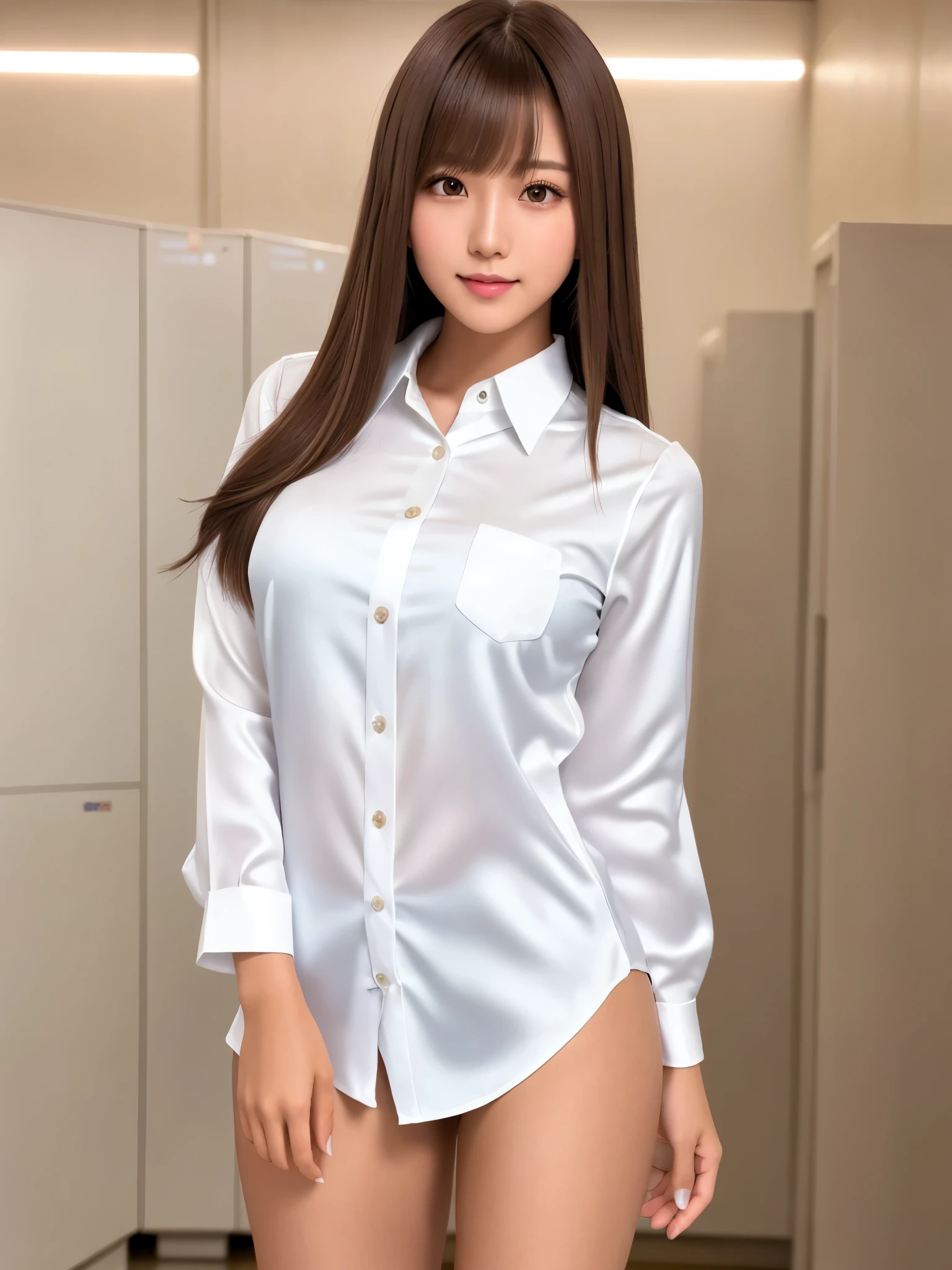 product quality, 1 girl, a cowboy shot, front view, a Japanese young pretty girl, bob hair, standing in front of her closet, glamorous figure, wearing a long length and short sleeves silky white shirt with collared, unbuttoned, wearing a silky under wear, a big smile, hyper cute face, glossy lips, double eyelids for both eyes, natural makeup, shiny smooth light brown bob hair, asymmetrical bangs, tanned skin, central image, high resolution, high detailing, detailed hairstyle, detailed face, cinematic lighting, octane rendering, vibrant, hyper realisitic, perfect limbs, perfect anatomy