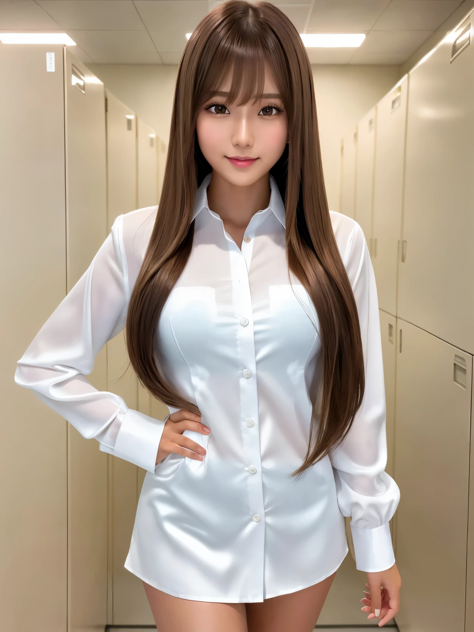 product quality, 1girl, upper body shot, front view, a Japanese young pretty girl, long bob hair, standing with a big smile in a high school locker room, glamorous figure, wearing a white collared shiny satin shirt of long sleeves over white silk panties, hyper cute face, glossy lips, double eyelids in both eyes, natural makeup, long eyelashes, shiny smooth light brown long bob hair, asymmetrical bangs, a tanned skin, central image, high resolution, high detail, detailed hairstyle, detailed face, spectacular cinematic lighting, octane rendering, vibrant, hyper realistic, perfect limbs, perfect ???????