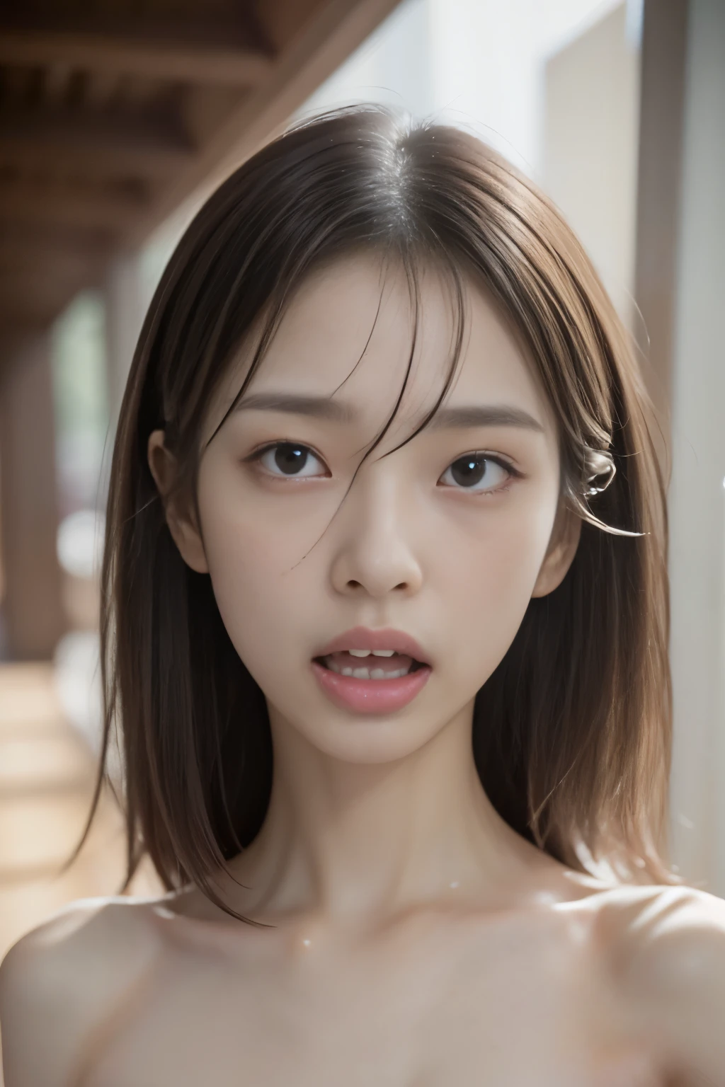 High resolution, Photoreal, very delicate and beautiful, highest quality, naked, full nudity, Walking down the school hallway, pale skin, Beautiful and dense face, beautiful clear eyes, delicate figure, (long straight black hair. bangs,, Okappa) slender body, close up of face,swelling of the areola,Cumming face, orgasm face,grit your teeth、cross-eyed、Crazy expression, severe dizziness,rolling eyes,Blush, moist eyes,