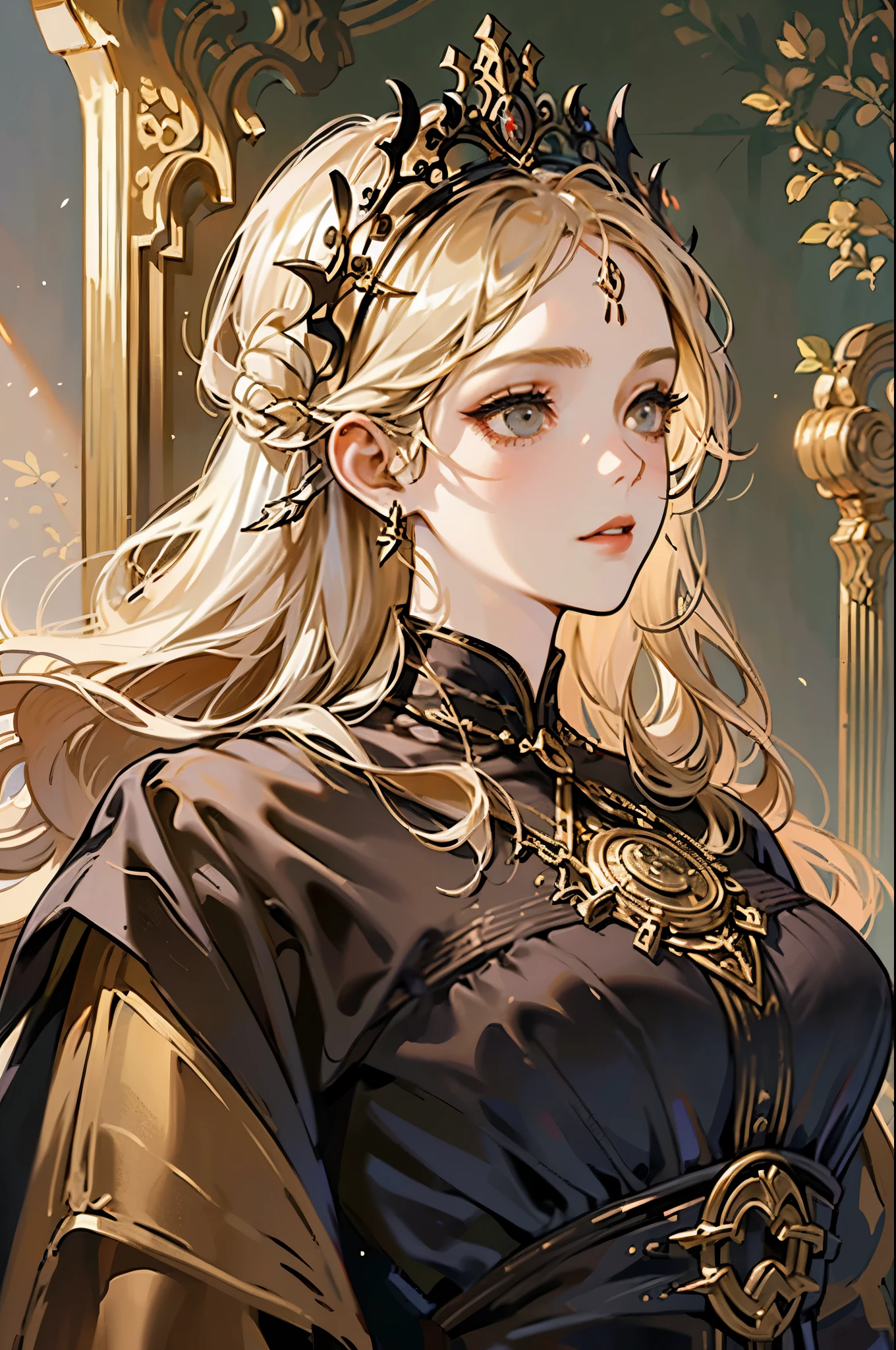 (best quality,adul, madure, concubina, 1 girl,very tall,elegant,long gold hair, black eyes,bohemian-style medieval clothing,fantasy medieval background,soft lighting,scholarly)