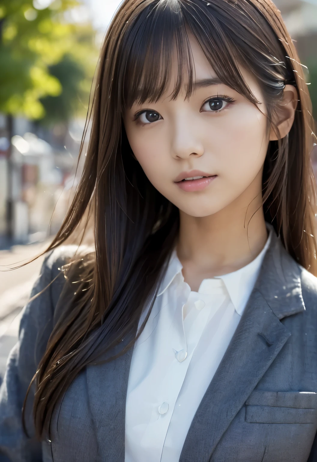 (((morning town:1.3, outdoor, Photographed from the front))), ((long hair:1.3, suit, japanese woman, cute)), (clean, natural makeup), (highest quality, masterpiece:1.3, 超High resolution), (Super detailed, caustics), (realistic:1.4, RAW shooting), very detailed, High resolution, 16K resolution