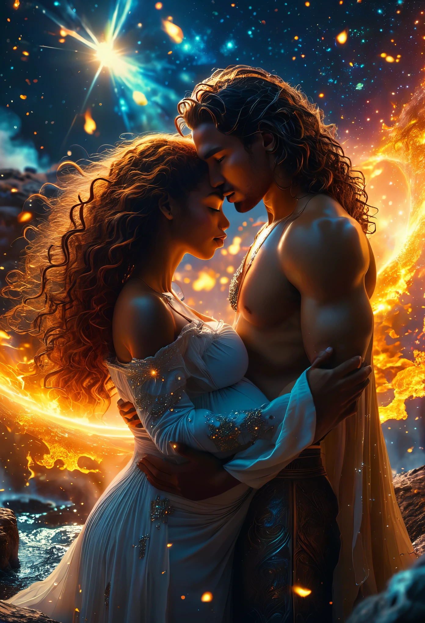 In a celestial dreamland landscape, people dressed luxuous, differents faces, they are all darkskin, (((young, in 20's))) (((two brown skin men and two brown skin woman))), (((two young brown skin long dark hair duke:1.3))), (((one brown skin dark hair pregnant1.5 woman))) and (((one brown hair woman no pregnant1.3))), (they are two différent and separate couple1.2). (Two couple of four people:1.2). The first couple is a brown skin duke long dark curly hair with a ginger long hair pregnant woman. The second couple is a brown skin duke curly dark hair with a short brown hair woman, (((ginger hair brown skin woman is pregnant and brownskin:1.5))) trying to kill him with powers, dangerous scene, war, battle, luminuous stars, chaos, fire, destrctions, 8K, extremely detailed, high quality, (photorealistic:1.37), Full body, vibrant colors, perfect lighting, soulful expressions, celestial aura, majestic presence, dreamlike atmosphere, 8 k artistic photography, photorealistic concept art, soft natural volumetric cinematic perfect