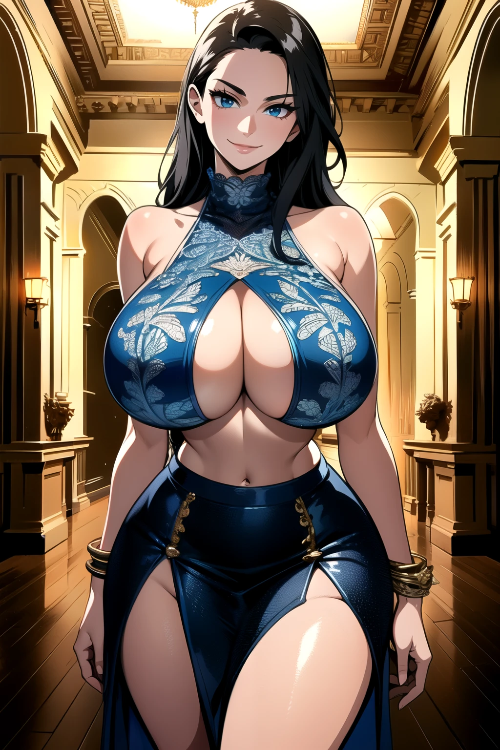 masterpiece, ((ultra detailed background, delicate pattern, intricate detail)), (highly detailed, fine details), best quality, beautiful lighting, (gigantic breasts)), NicoRobinV2, 1girl, black hair, long hair, solo, gigantic breasts, (smile), blue eyes, closed mouth, hair slicked back, jewelry, collarbone, (bare shoulders, black crop top, high heels, split skirt, underboob, turtleneck, skin tight, shiny clothes), (complex detailed background, inside, luxury palace), curvy, cowboy shot