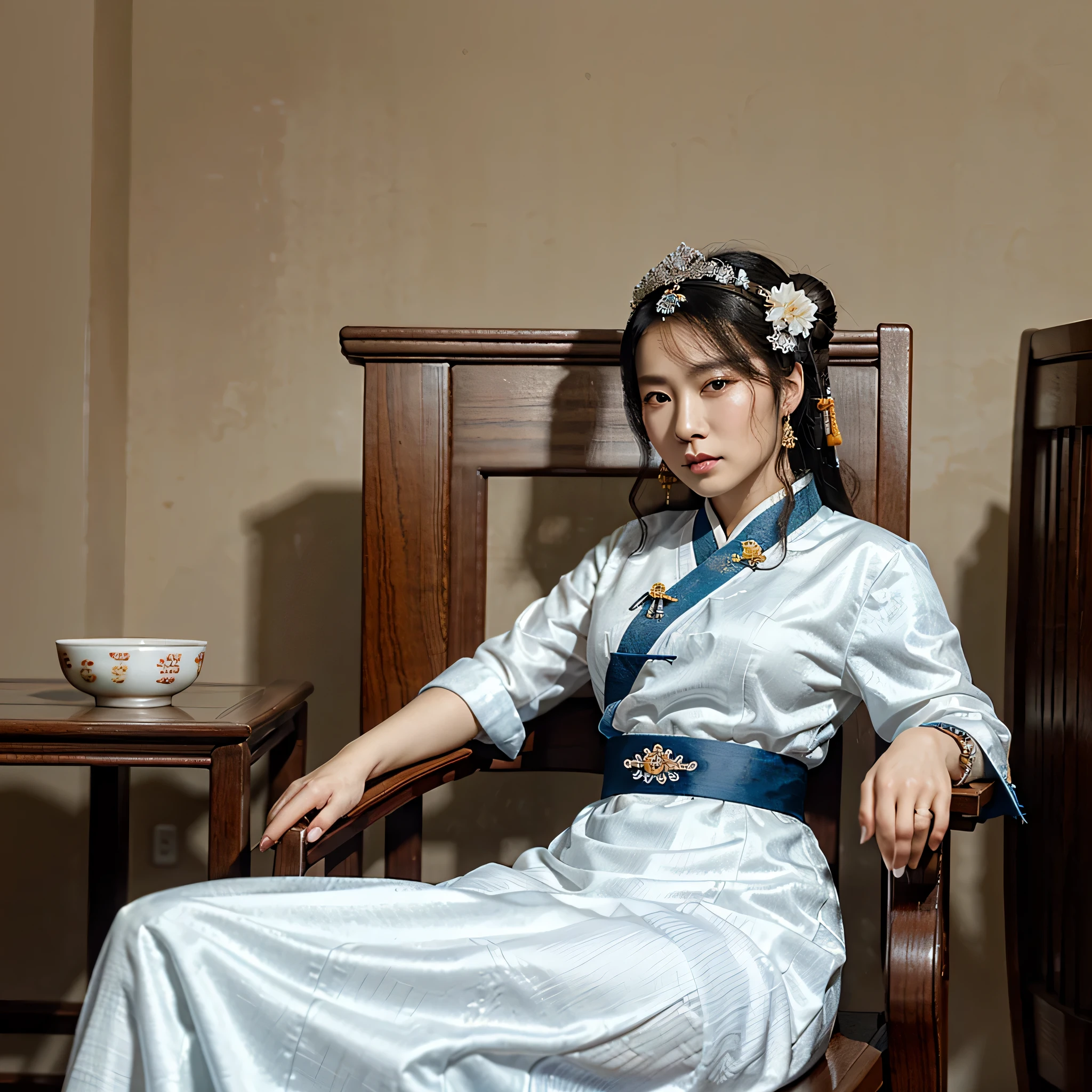 arafed portrait of a woman in a white dress sitting in a chair, inspired by Li Tang, inspired by Yun Du-seo, inspired by Wu Zhen, inspired by Xu Xi, chinese empress, inspired by Wang Meng, inspired by Min Zhen, portrait of mulan, imperial portrait, inspired by Guo Xi, chie yoshii, inspired by Qiu Ying