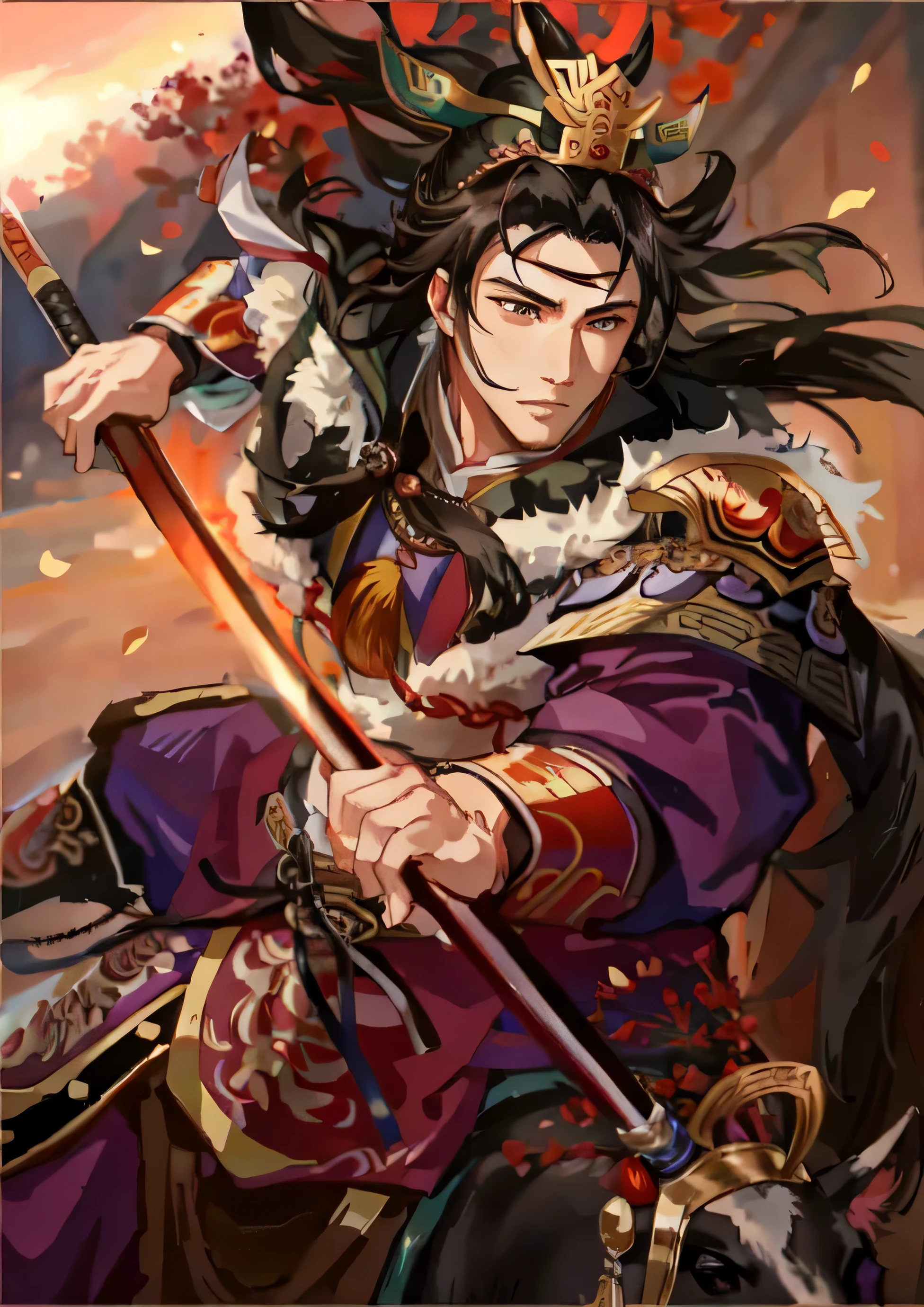 One on a horse、Close-up of a man with a sword, zhao yun, 中國three kingdoms, xianxia hero, bian lian, Chinese warrior, inspired by Guan Daosheng, epic samurai, from the three kingdomss, Inspired by Huang Shen, Inspired by Hu Zaobin, Guan yu, Inspired by Li Kan, feng shu,Lu Bu,Li Shimin,three kingdoms,dynasty warriors,General