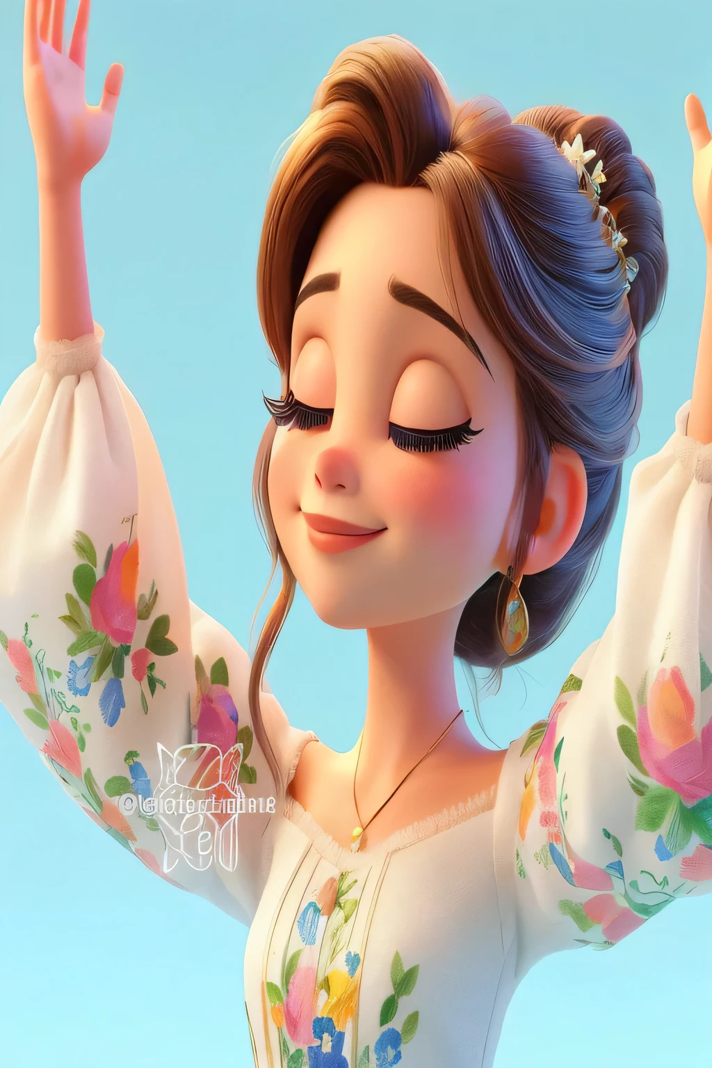 a close-up of a cartoon girl with her arms up, in the style of Disney animation, beautiful 3d rendering, estilo de arte da Disney, arte digital fofa, diseny animation style, Disney art style, arte digital detalhada fofa, personagem de desenho animado fofo, design de personagens de alta qualidade, arte de pintura digital dos desenhos animados, disney rendering, adorable digital painting, estilo de personagem da Disney, animation character