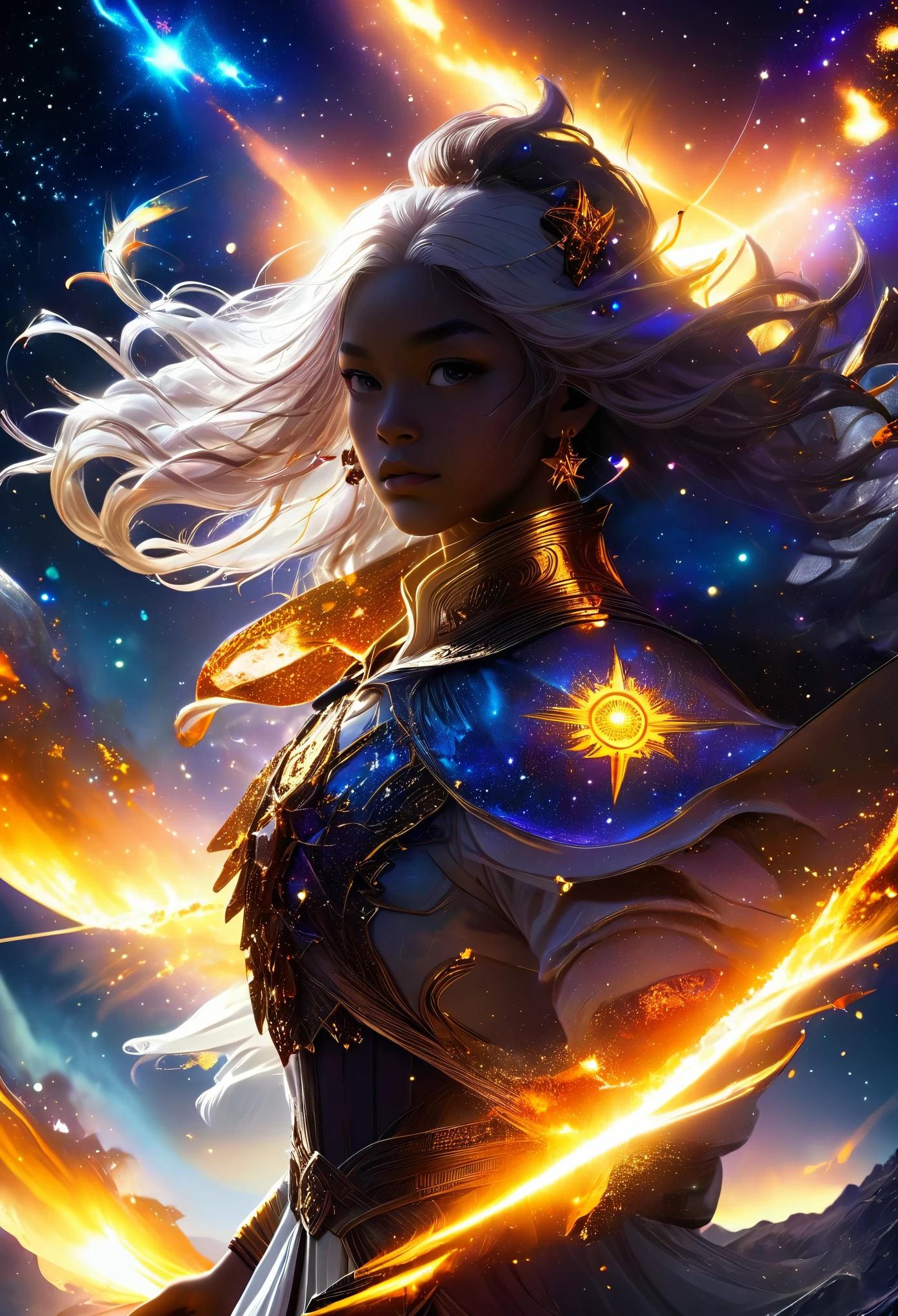 In a celestial dreamland landscape, people dressed luxuous, differents faces, they are all darkskin, (((young, in 18's))) (((two brown skin men and two brown skin whitehair:1.7 woman))), (((two young brown skin long dark hair prine:1.3))), (((one brown skin whitehair1.5 woman))) and (((one white hair woman1.3))) trying to kill him with powers, dangerous scene, war, battle, luminuous stars, chaos, fire, destrctions, 8K, extremely detailed, high quality, (photorealistic:1.37), Full body, vibrant colors, perfect lighting, soulful expressions, celestial aura, majestic presence, dreamlike atmosphere, 8 k artistic photography, photorealistic concept art, soft natural volumetric cinematic perfect