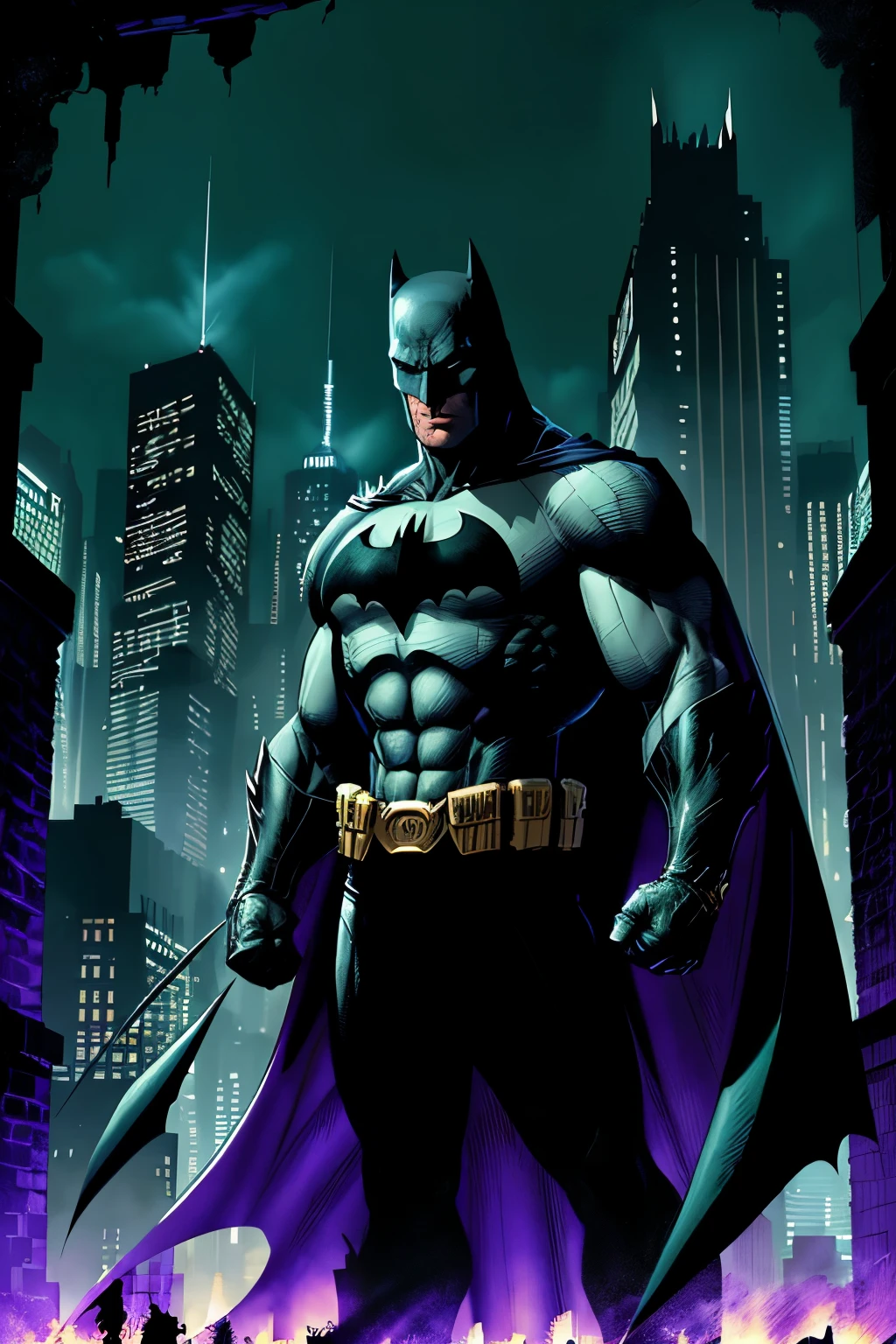 In the gritty underworld of a noir comic, Batman stands tall in the dark, his full costume shielding him from the elements. The left side of his arm is engulfed in fierce, black flames, their dancing edges illuminating the night. The digital art, reminiscent of Joe Madureira's style, dances with contrast as dark violet dominates the background, while light emerald highlights bring Batman and the city to life.
The cityscape looms behind the Caped Crusader, its skyline kissed by the darkness of the night and the cool, calming hue of sky-blue. Batman's pose is dramatic, a testament to the intensity