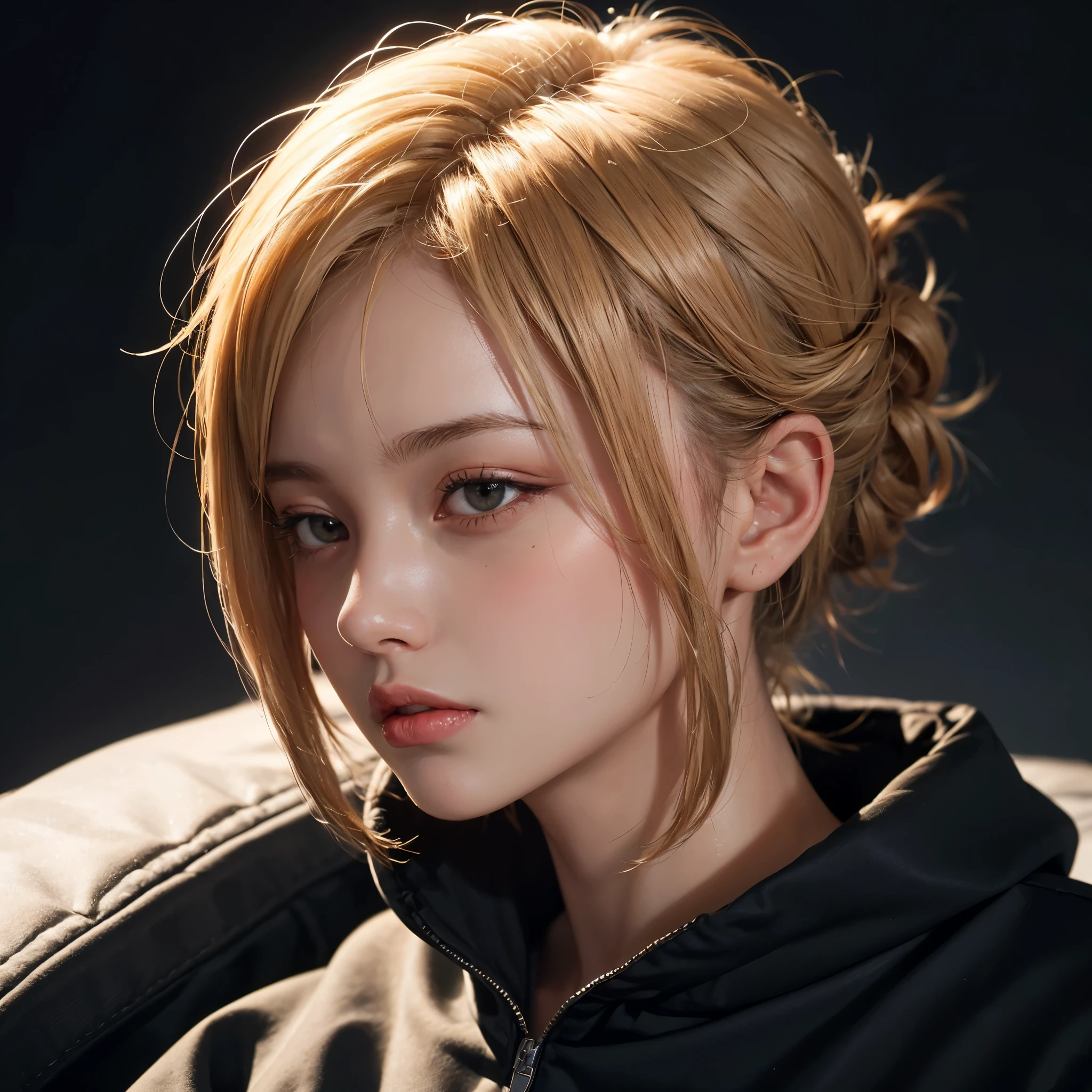 a 18 yo woman, blonde, (hi-top fade:1.3), dark theme, soothing tones, muted colors, high contrast, (natural skin texture, hyperrealism, soft light, sharp)