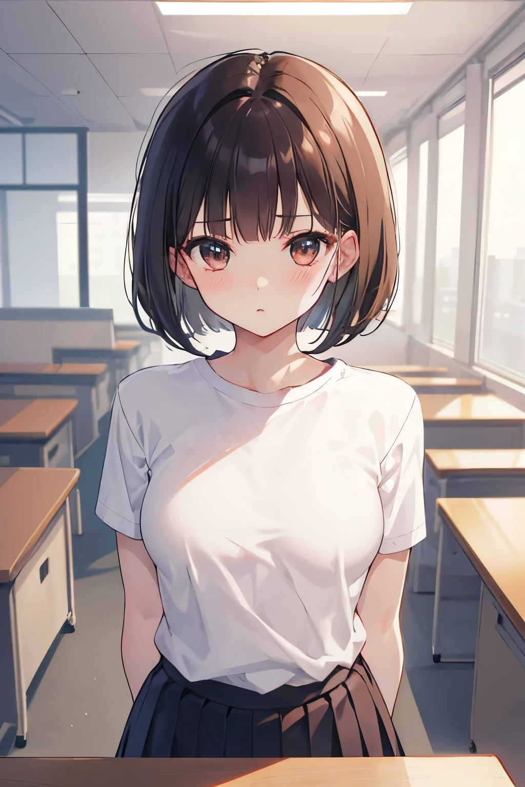 frame in, from right in front of face and body, view straight on, upper body, High quality, very high res, High quality, cute girl, brown hair, forehead, blunt bangs, bob cut, blush, Brushed up bangs, (white wearing a plain t-shirt), small breasts, upright, pleated skirt, work desk, sitting in a work chair, (girls arms behind back:1.2), (pov hands:1.4), (clothed  breast touch:1.2), (guiding hand), at office