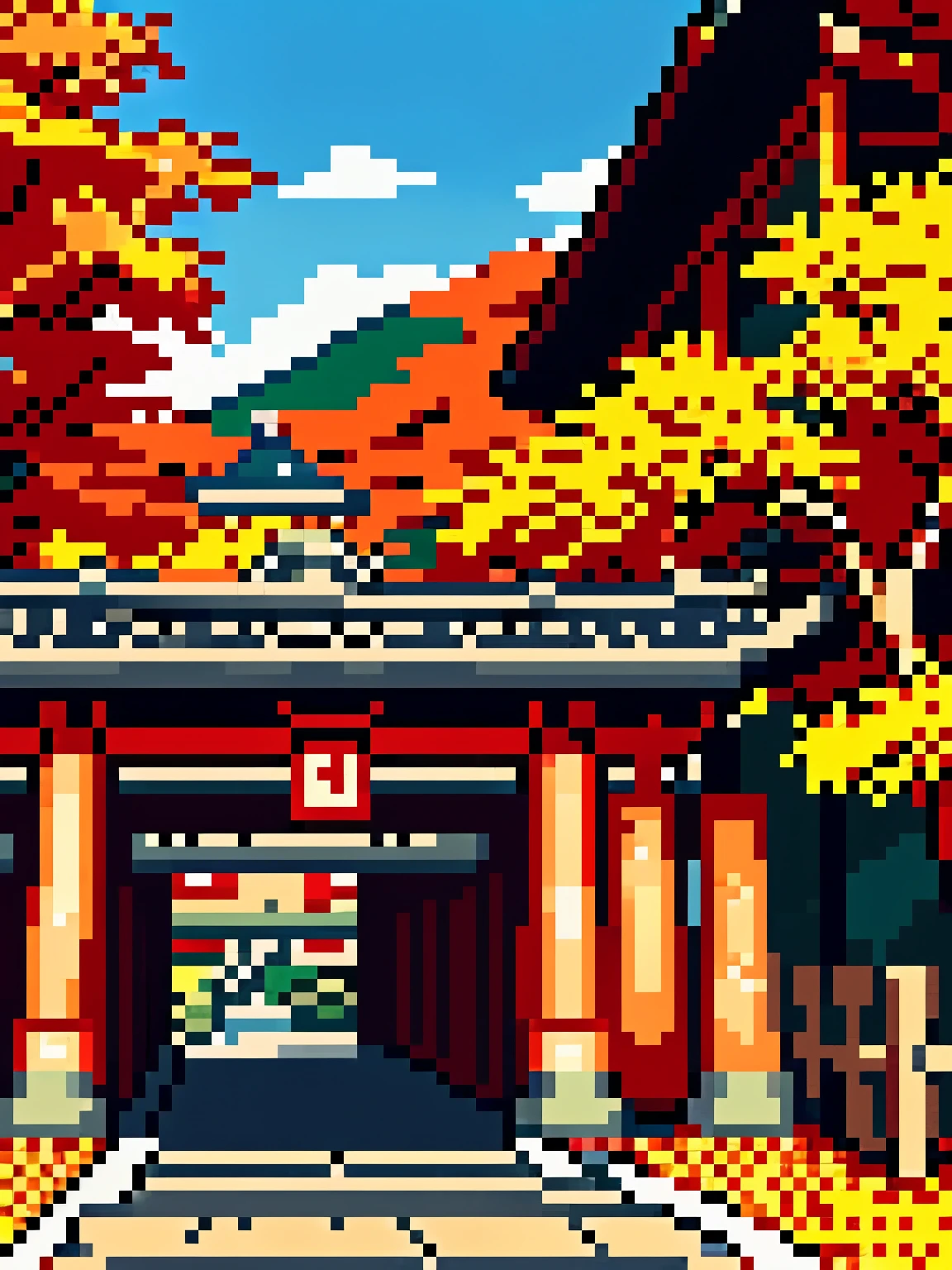 (pixel art):3,(Pixel Landscape): masterpiece, highest quality, Super detailed, High resolution, dynamic composition, 美しいpixel artの風景, contrasting colors, soft lighting, Kyoto in autumn,townscape,古い日本のtownscape,shrine,temples,road,blue sky,autumn leaves,Mountain