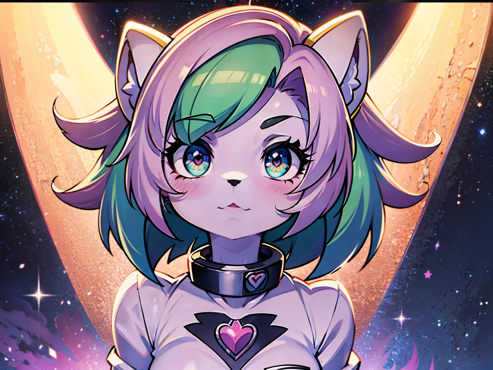 ((chica , pelo blanco, ojos rosas , pelaje , pelaje claro , maximo detalle )) ( ropa : traje de astronauta,collar de perro de corazon rosa) ( fondo : nave espacial, ventana al espacio, space with stars) ( ojos rosas hiperrealismo) ( pelo blanco , pelo blanco )( cabello color blanco,sombra verde )