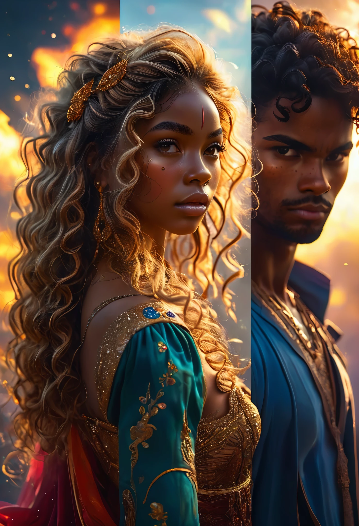 In a celestial landscape, (((five-people))) dressed luxuous, differents faces, they are all darkskin african, (((young, in 20's))) (((two brown skin men and two brown skin woman))), (((two young brown skin long dark hair duke:1.3))), (((one brown skin dark hair woman))) and (((one brown hair woman1.3))), (they are two différent and separate couple1.2). (Two couple of four people:1.2). The first couple is a brown skin duke long dark curly hair with a blonde long hair woman. The second couple is a brown skin duke curly dark hair with a short brown hair woman, (((blonde hair brown skin woman and brownskin:1.5))) trying to kill him with a knife, dangerous scene, war, battle, 8K, extremely detailed, high quality, (photorealistic:1.37), Full body, vibrant colors, perfect lighting, soulful expressions, celestial aura, majestic presence, dreamlike atmosphere, 8 k artistic photography, photorealistic concept art, soft natural volumetric cinematic perfect light