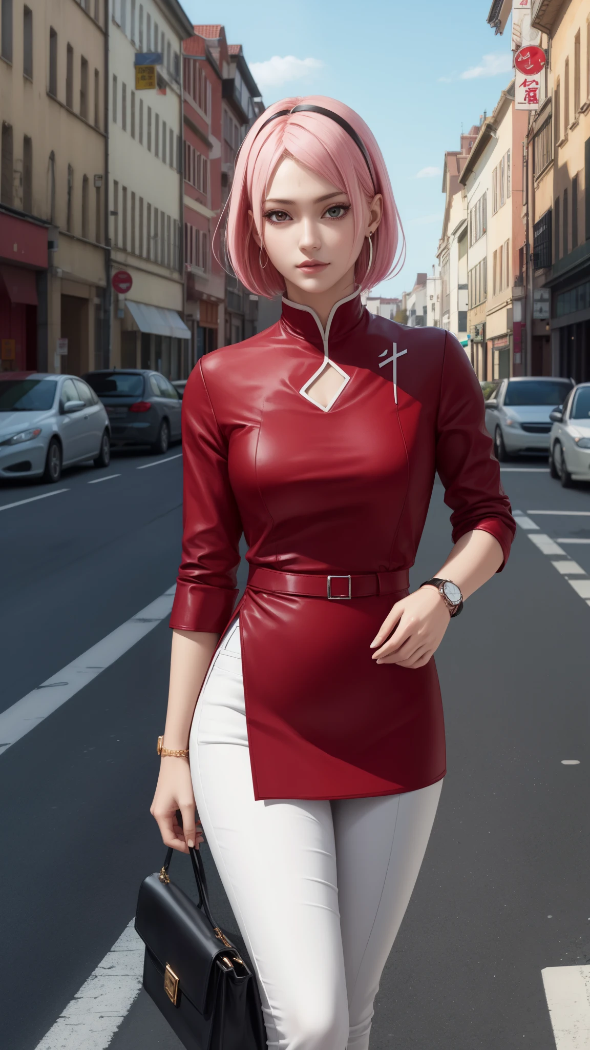 haruno sakura from anime naruto, pink hair, short hair, wearing mascara, perfect body, perfect breasts, beautiful woman, very beautiful, wearing red formal shirt, dapper dress, formal attire, wearing white blazer, white pants, wearing handbag, wears watches, wearing earrings, being in town, roadside, public space, Realism, masterpiece, textured leather, super detailed, high detailed, high quality, best quality, 1080p, HD, 16k