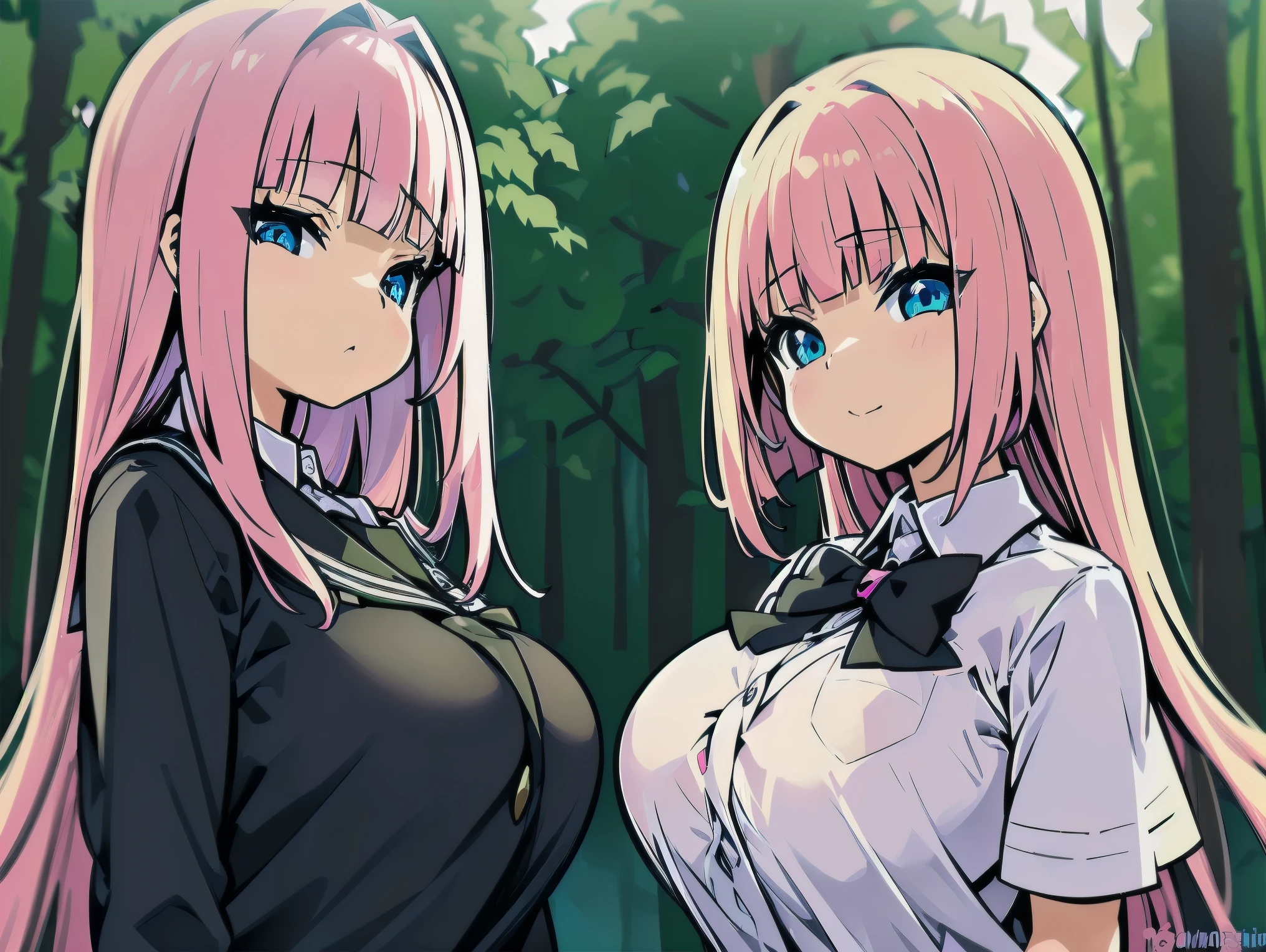 Concept art, ((CG)), ((1girl)), ta, (((longo pink hair))), (((blunt bangs))), (((blue ligth eyes))), ((cabelo emaranhado)), ((((sonolenta)))), desleixada, ((melhor qualidade)), (((black school uniform))), ((obra de arte)), (detalhado), rosto perfeito, ((style novel)), cores beautiful, ((((anime_collors)))), ((in Forest)), (Solo).