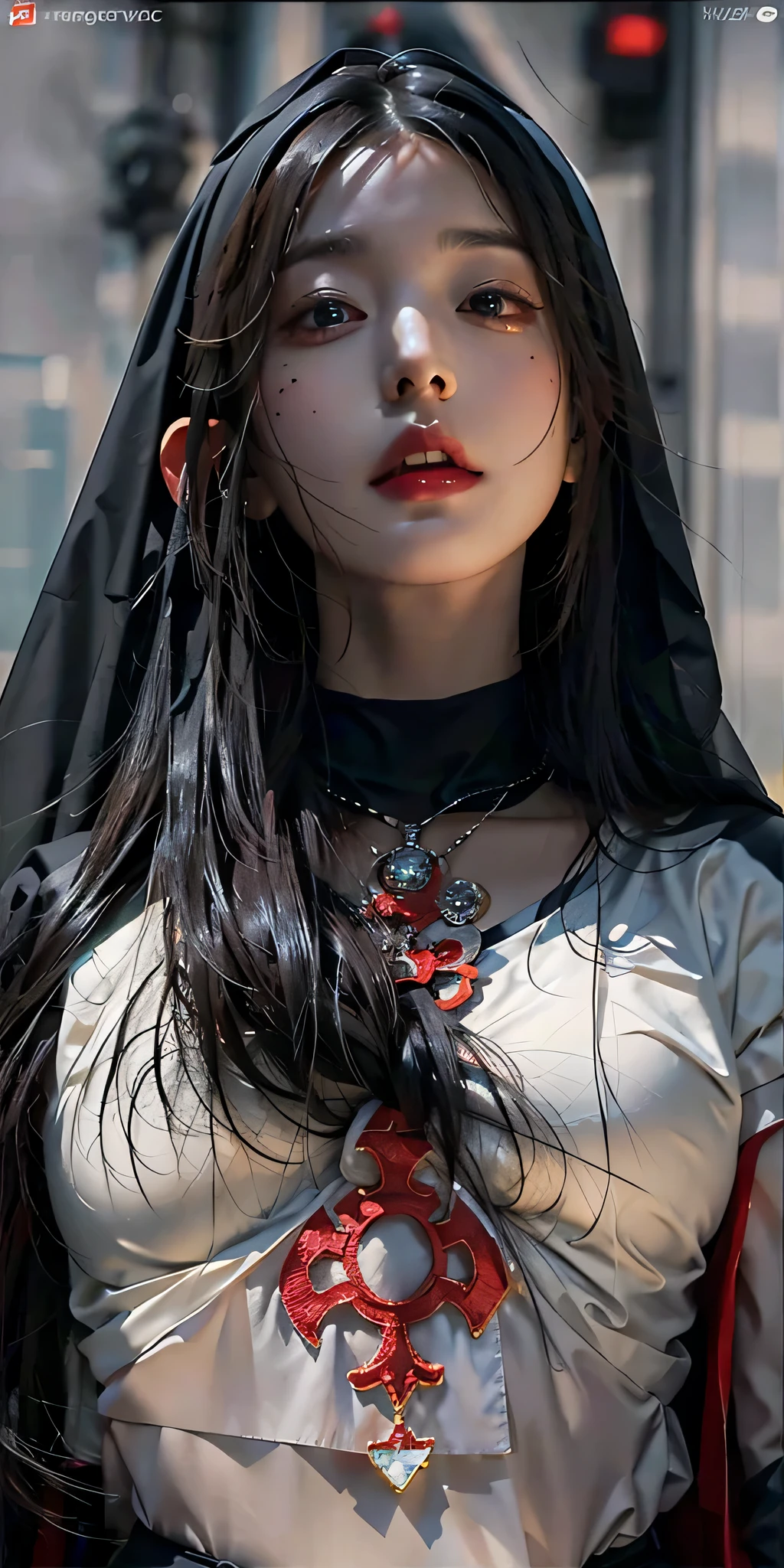 photorealistic, high resolution, soft light,1women, solo, hips up, shining skin, (detailed face), jewelry, tattoo, black nun clothing, black hair, super long hair, looking viewers, tatto, messy hair