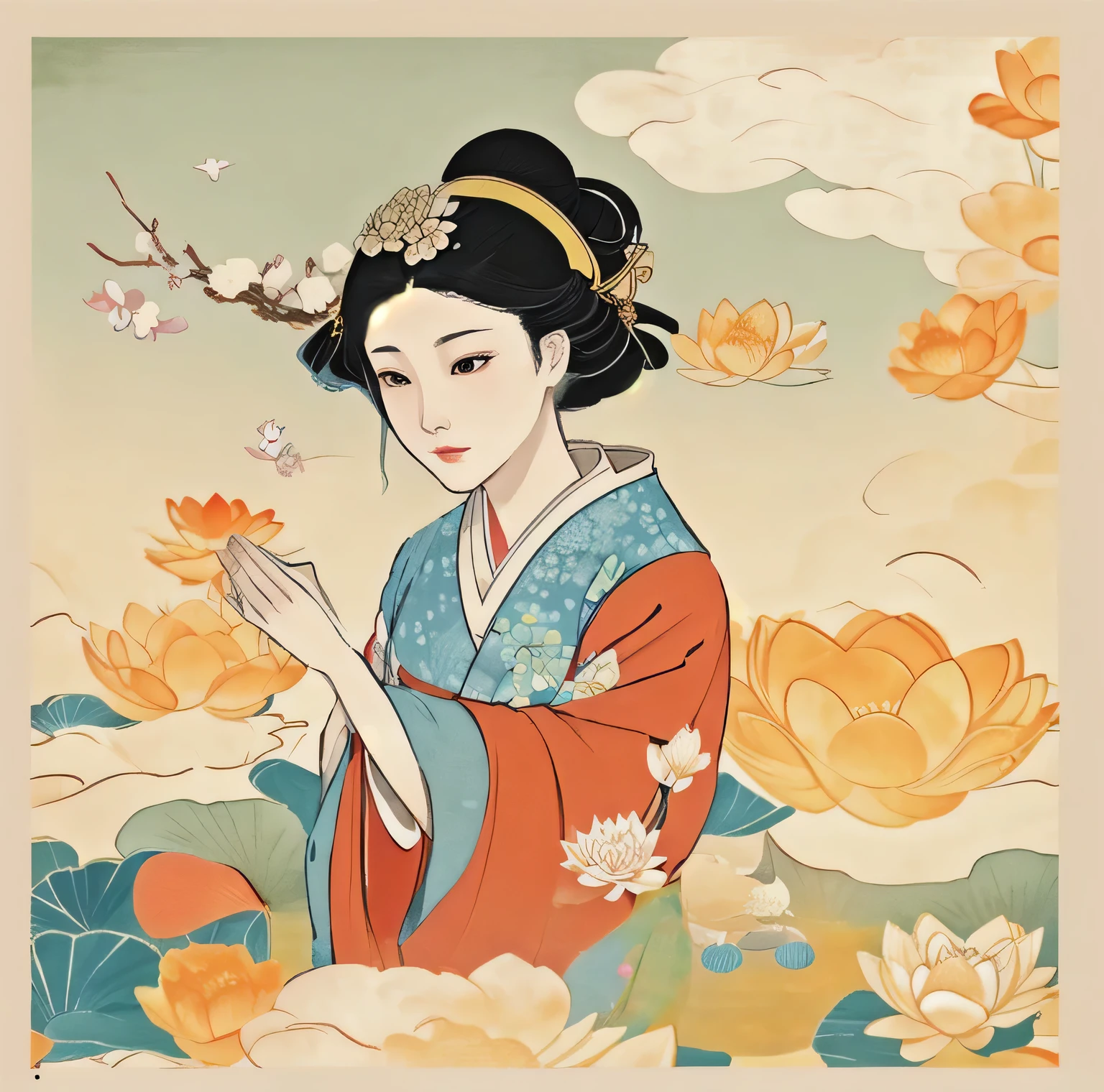 There is a Chinese woman wearing Hanfu and handkerchief ， The lotus pattern appears on the clothes，Yellow and white lotus flowers decorate clothes，Behind it is the connection between cloud patterns and wavy patterns..，There is a lotus flower at the top of the picture, And the woman&#39;The eyes and fingers are carefully drawn.，Ukiyo-e or gongbi painting，The cloud pattern behind is particularly eye-catching,The woman occupies the center of the picture