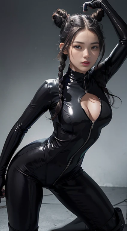 solo、ultra fine photos、Portrait Unreal Engine 5 8K UHD Skin Tight Black Latex Costume、slick black catsuit、black iconic character、smooth black skin、Black body、PVC、some black、futuristic glossy latex suit、rubbersuit、rubber belts、collars、rubber glove、rubber high boots、arm and leg cuffs、lanyard、top-quality、​masterpiece、 Official art、unity 8k wallpaper、ultra-detailliert、sharp focus、dynamicposes、Parts of the body、No extra limbs、precisely 、((Curly hair in braids、Bun１))、top-quality、​masterpiece、ultra-detailliert、sharp focus、dynamicposes、ultra fine photos、