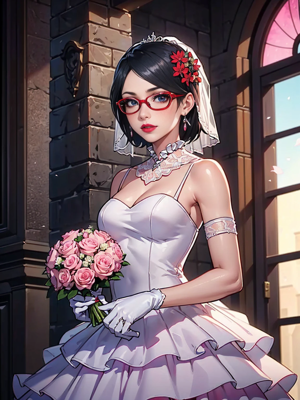 (1girl, solo, alone), (WakatsukiRisa, Sarada Uchiha, short hair, black eyes, red glasses, smallbreasts), ((solo, (1woman, pink lipstick), Extremely detailed, ambient soft lighting, 4k, perfect eyes, a perfect face, perfect lighting, a 1girl)), , ((solo, (1woman, pink lipstick), Extremely detailed, ambient soft lighting, 4k, perfect eyes, a perfect face, perfect lighting, a 1girl)), holding a gazania bouquet, cowboy shot, looking at viewer, blush, sapphire earrings, earrings, jewelry, church, window, sky, sunlight, complex background, sunset,((red lipstick, hair flower ornament, (wedding dress, ruffles:1.2), bride, white gloves, long gloves))