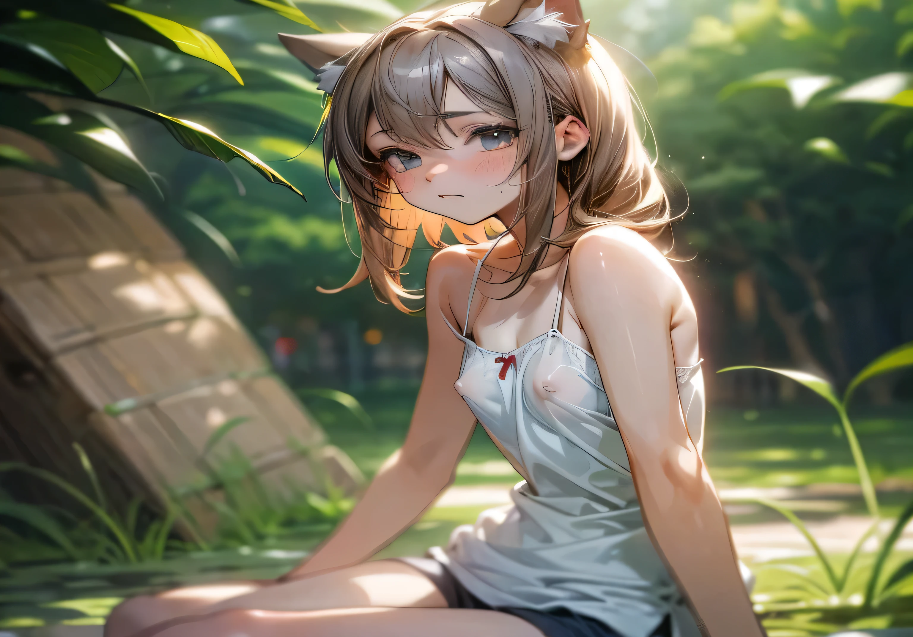 ((masterpiece)), (anime:1.5), ((Best quality)), (RAW photo:1.2), (A high resolution:1.3), (professional photography:1.2), (Chromatic aberration), textured leather, cinematic lighting, ((12 years)), outside, wide shot, Cat'ears, pale brown hair, ((Facepalm)), Cute beautiful girl, BREAK, ((Best quality)), textured leather, Very unruly hair, (slightly exposed nipples), Ragged camisole, (creamy white camisole), cute panties, slender body, , Slum cityscape, (sit down, Stretching the legs, on the lawn, Botanical Garden),
